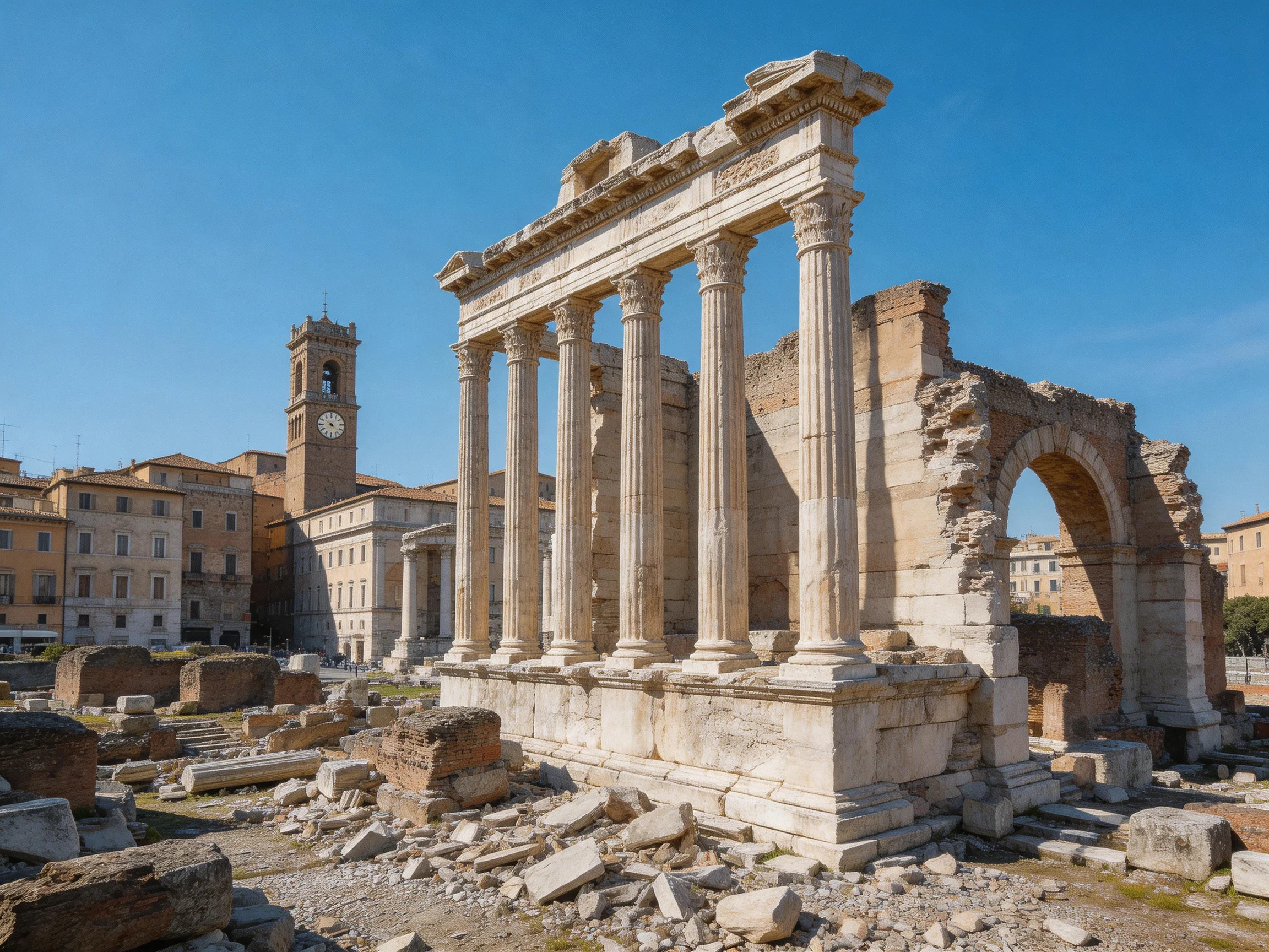 Ancient Roman Ruins with Stone Columns and Historic Buildings Under Clear Blue Sky