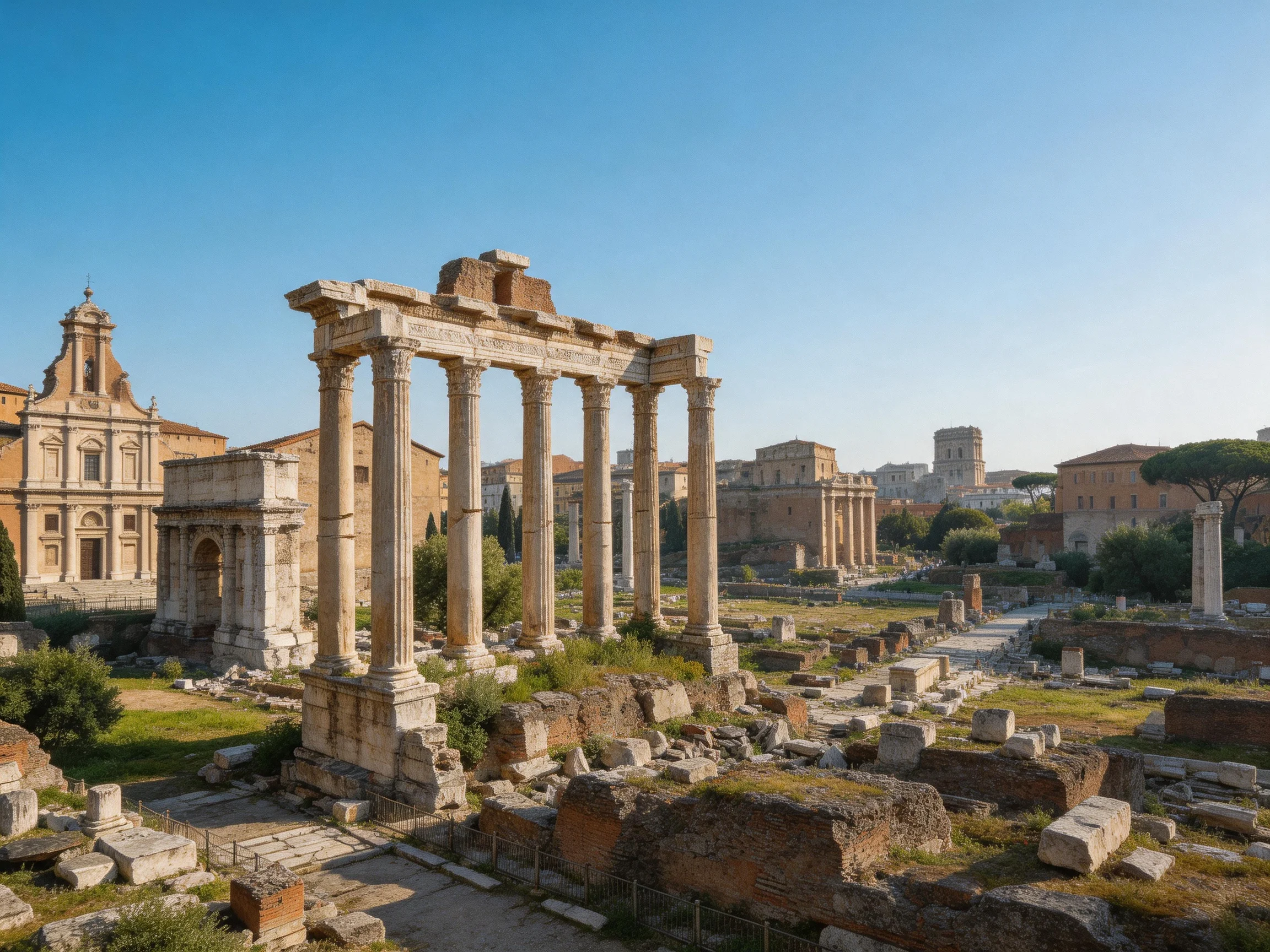 Ancient Roman Ruins with Stone Columns and Historic Structures