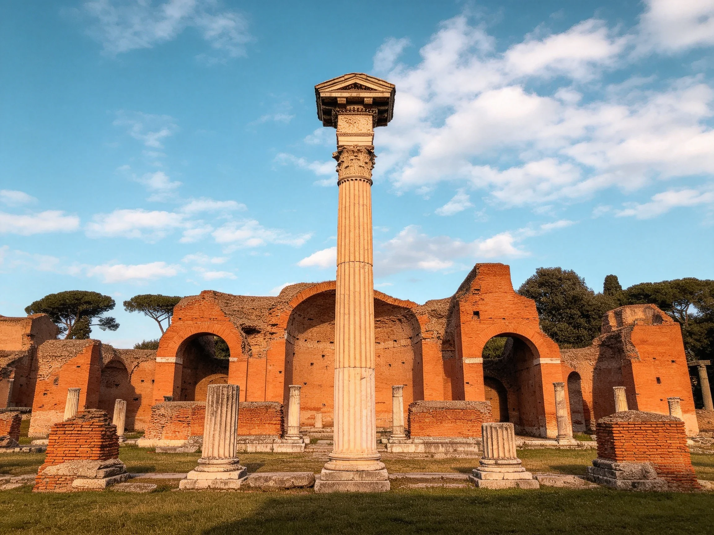 Ancient Roman Ruins with Tall Fluted Column and Brick Arches