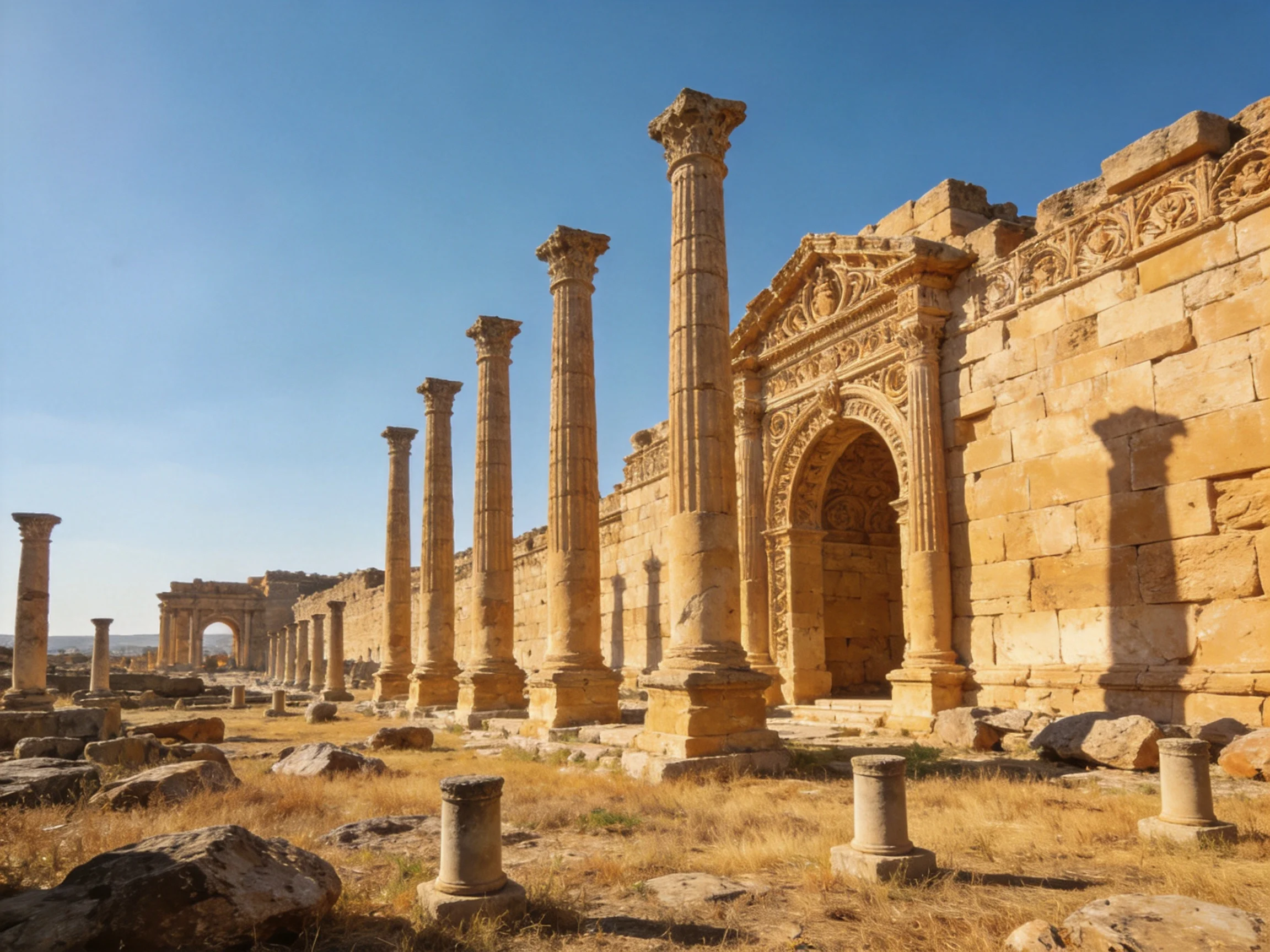 Ancient Roman Ruins with Tall Stone Columns Under Clear Blue Sky