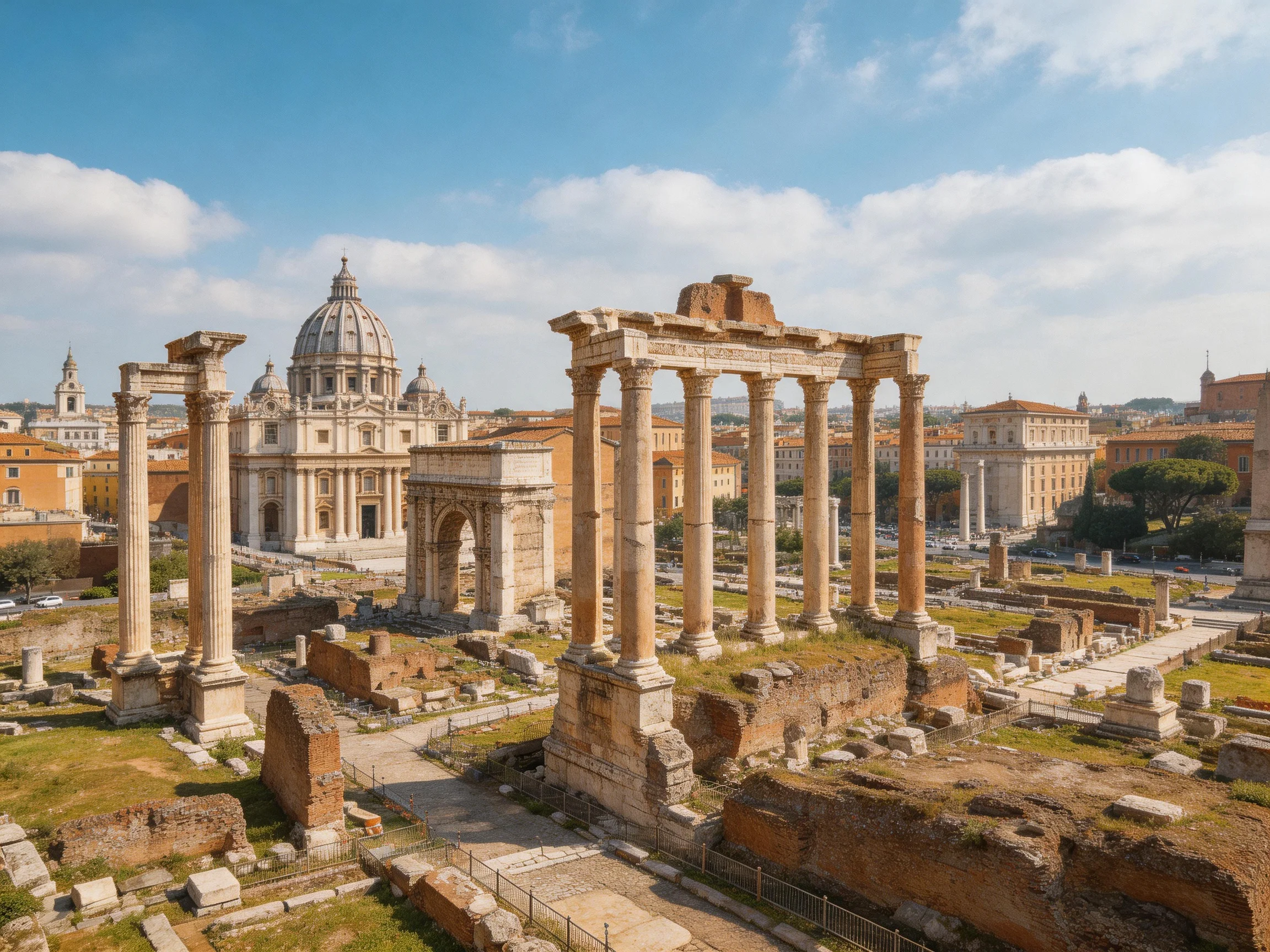 Ancient Roman Ruins with Tall Stone Columns and Baroque Church