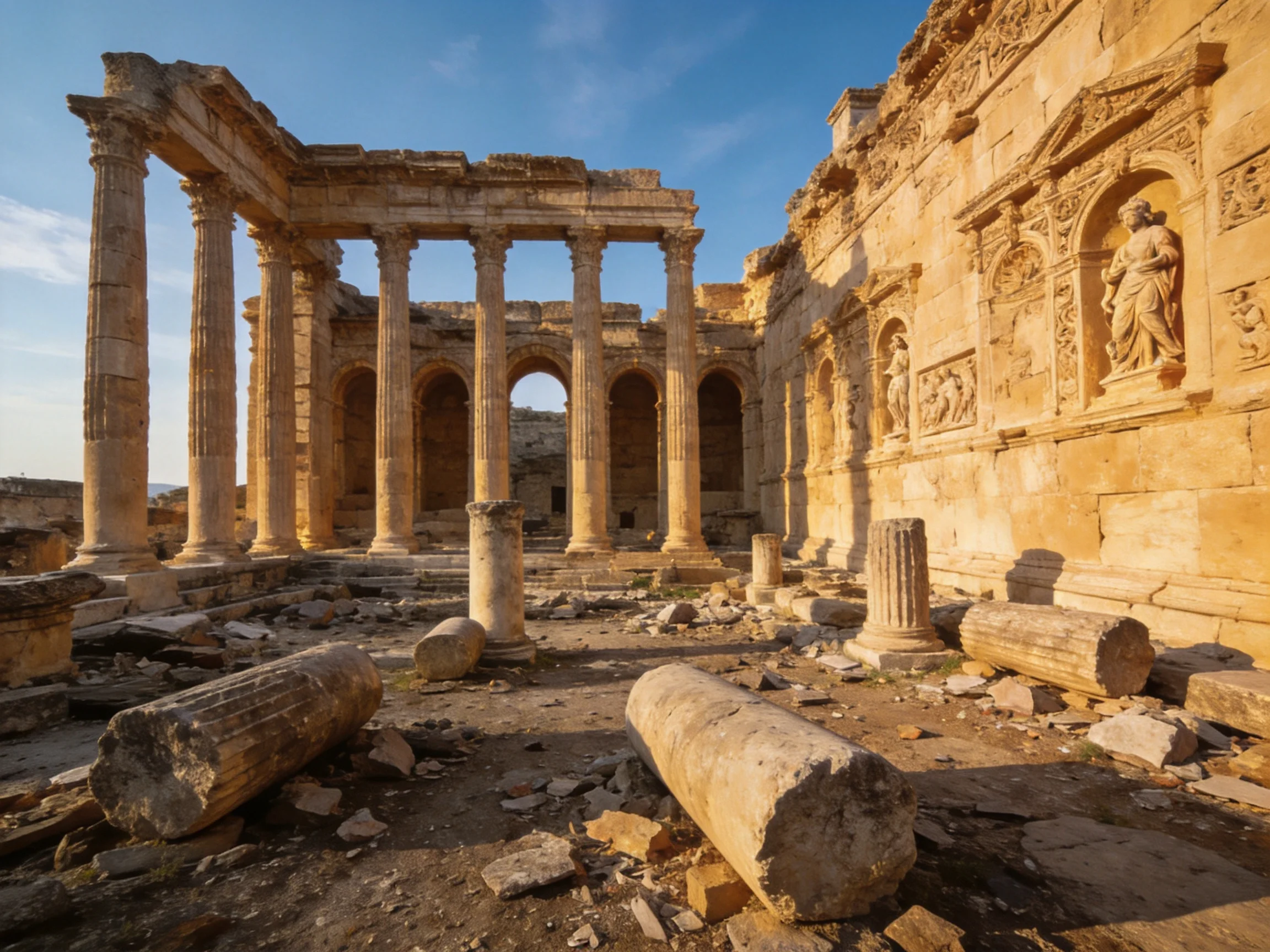 Ancient Roman Ruins with Tall Stone Columns and Carved Walls