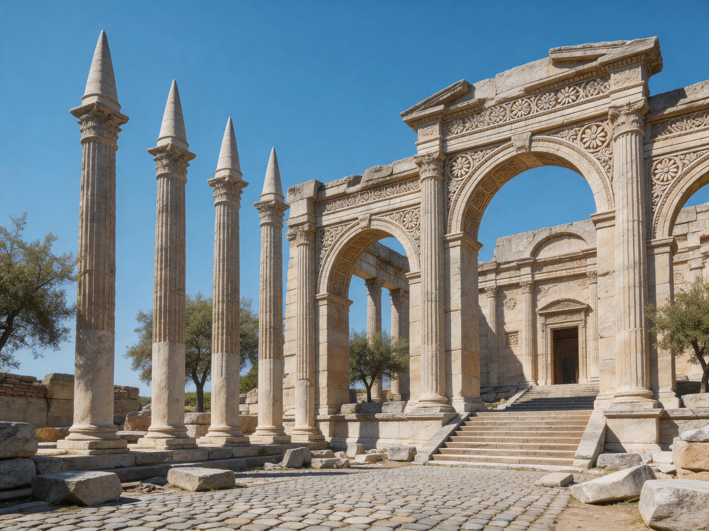 Ancient Roman Ruins with Tall Stone Columns and Ornate Arches
