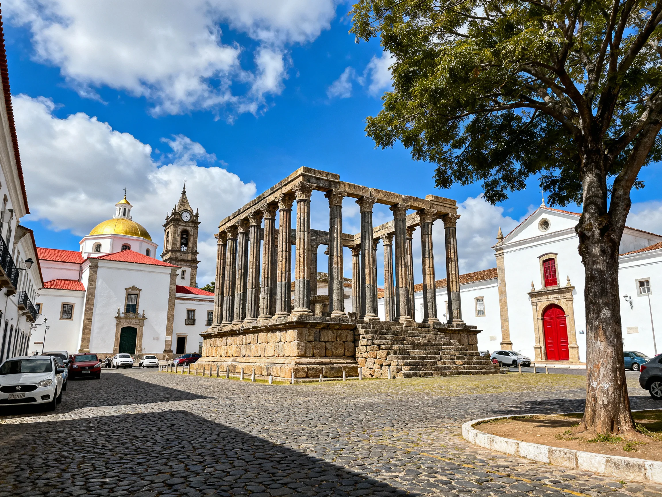 Ancient Roman ruins near white churches with golden dome