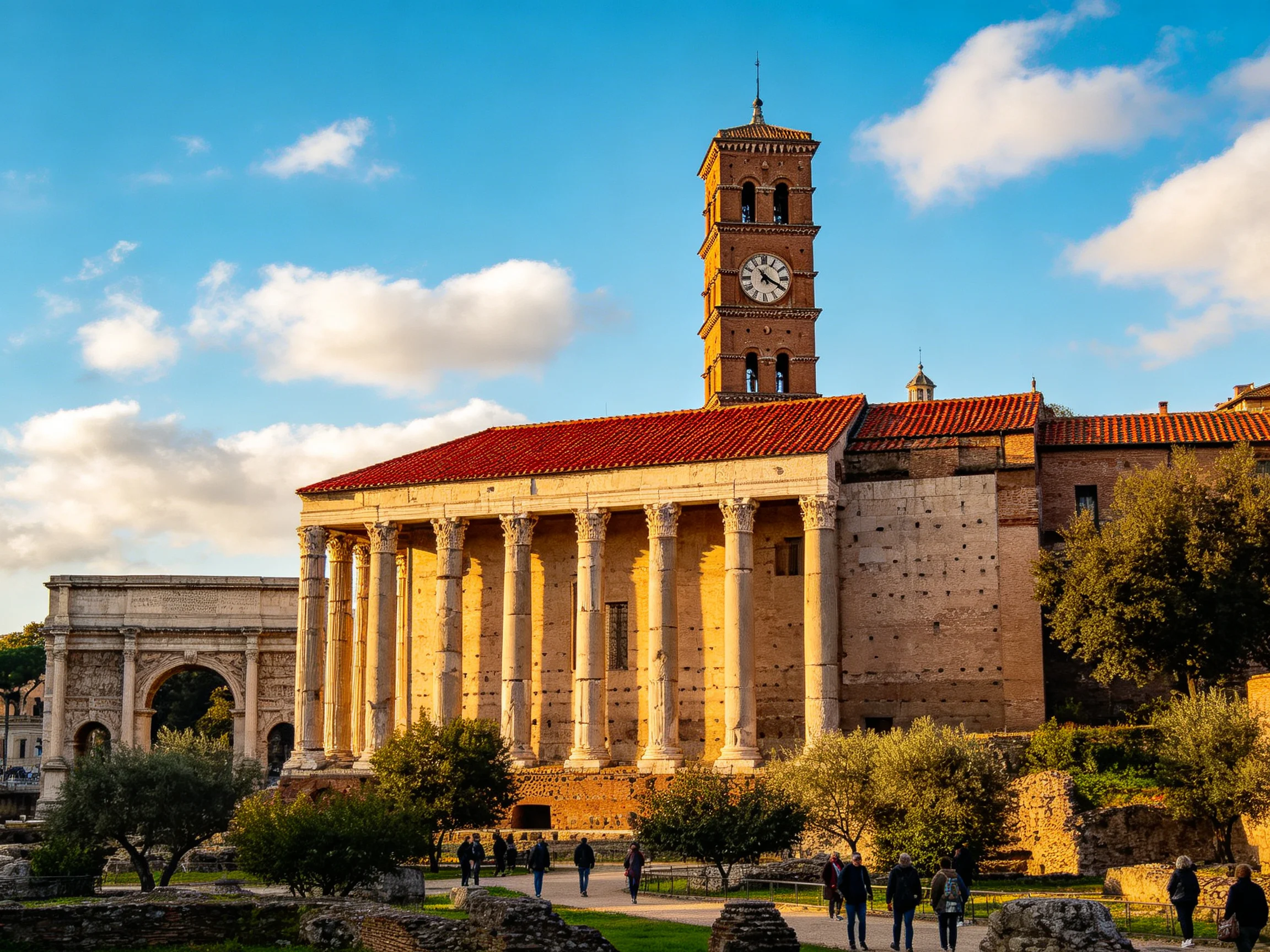 Ancient Roman temple with clock tower and red-tiled roof