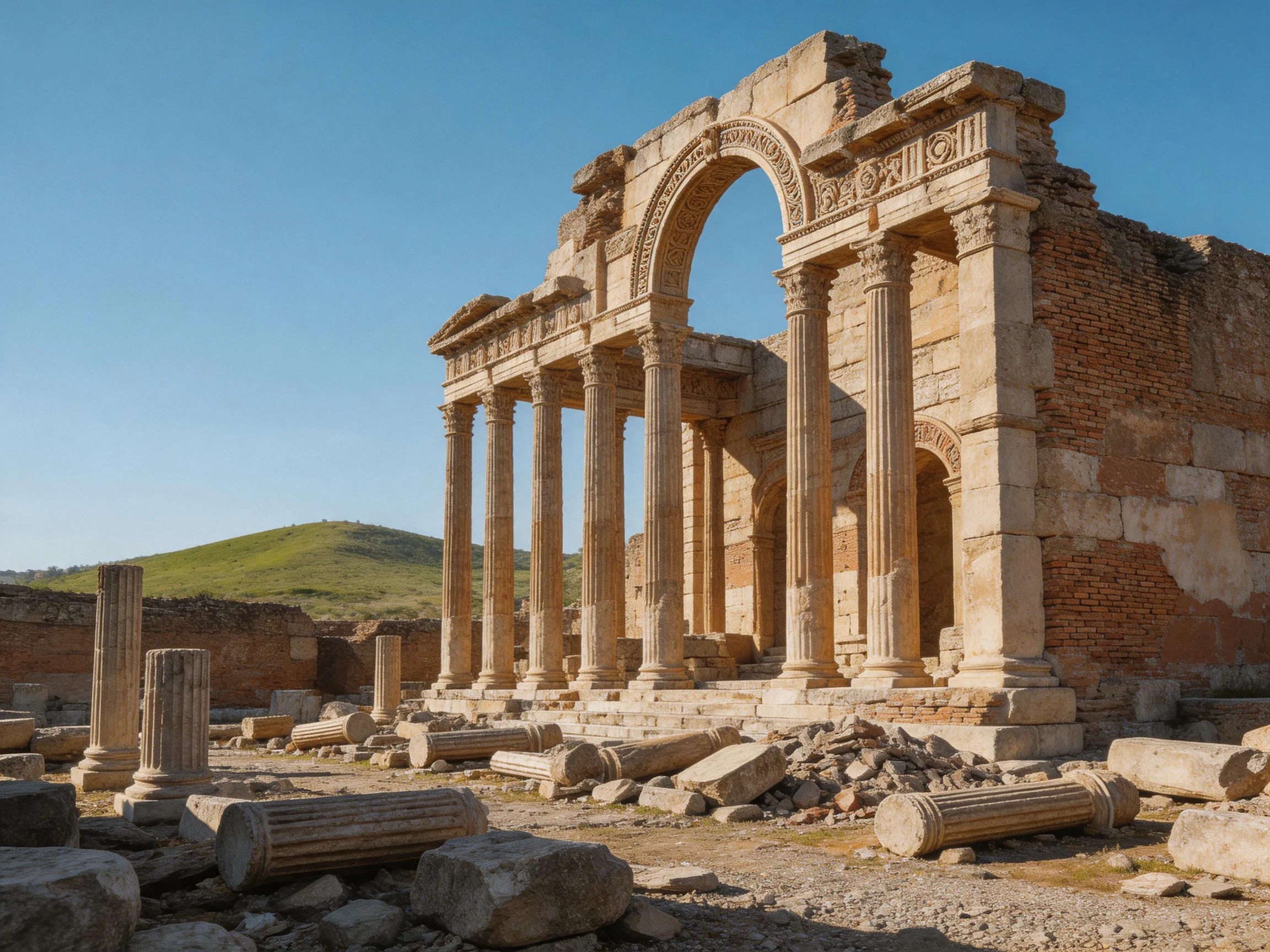 Ancient Ruin Site with Stone Columns and Arched Entrance