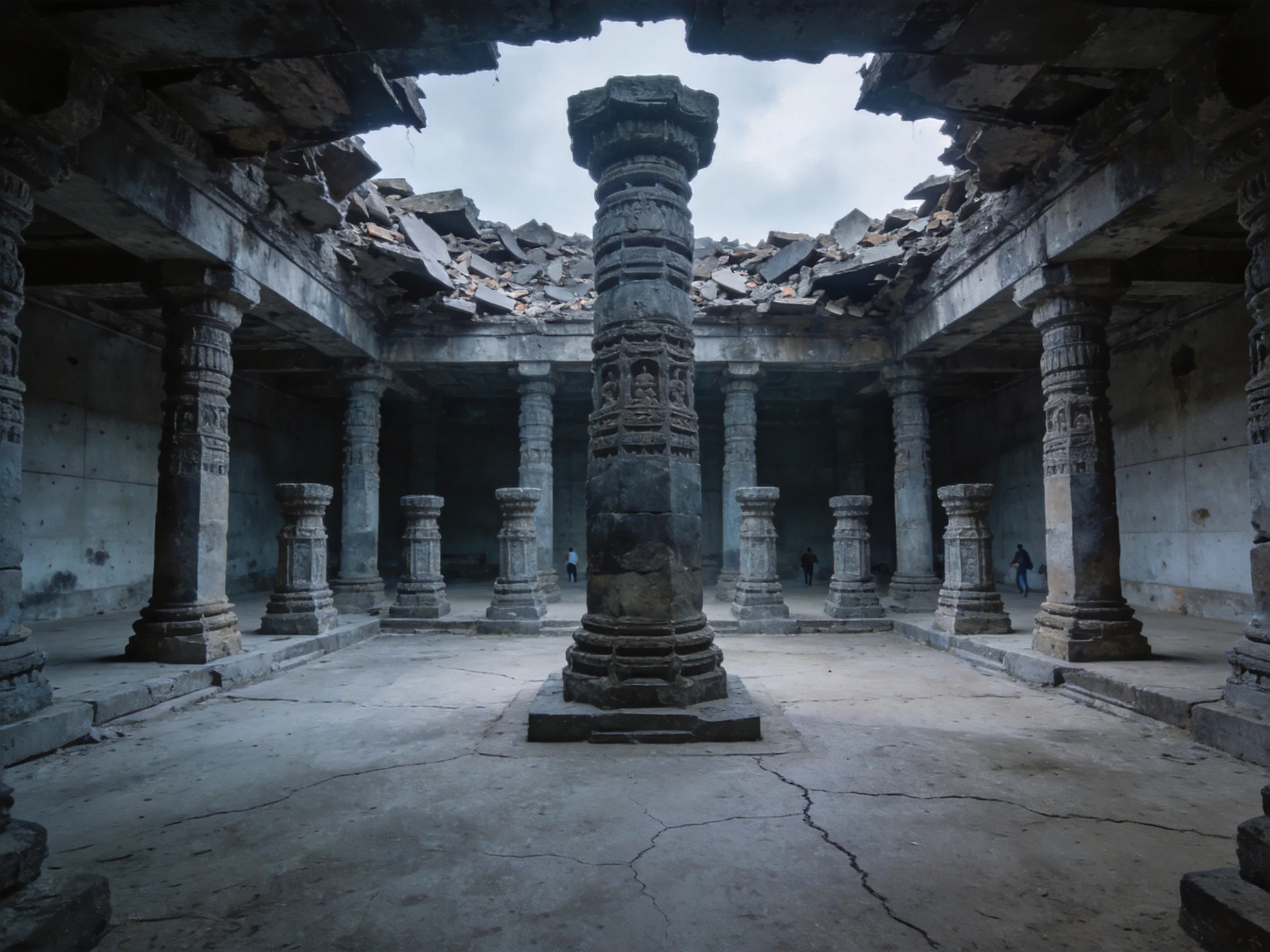 Ancient Ruined Temple Hall with Ornate Stone Columns