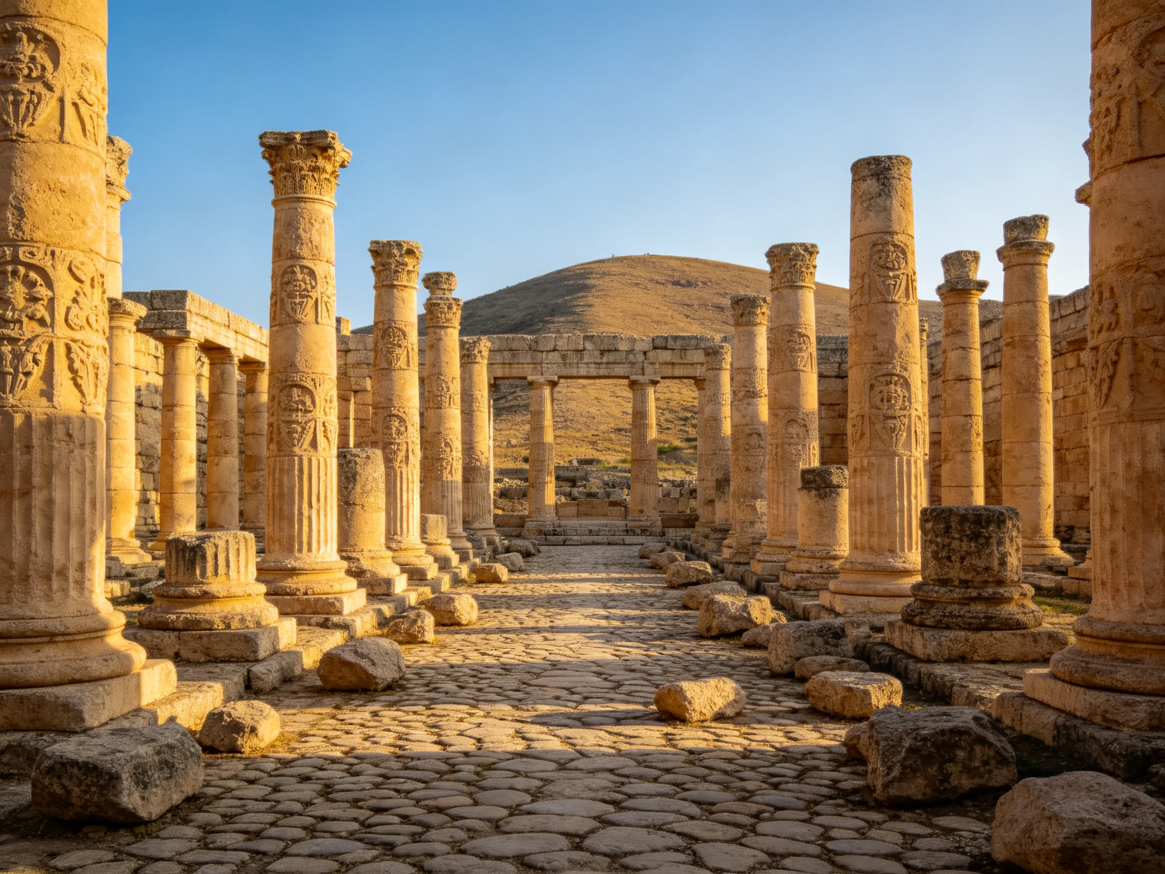 Ancient Ruined Temple with Carved Columns and Stone Walkway
