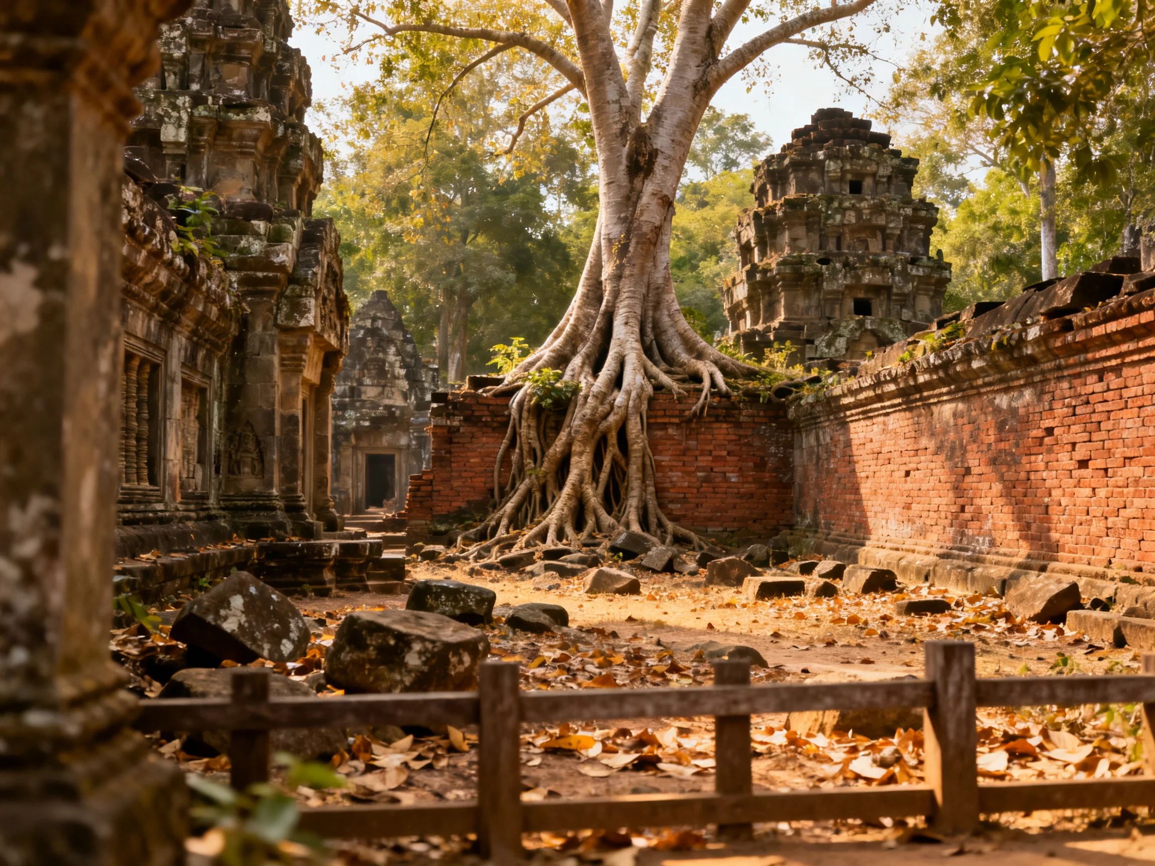 Ancient Ruins With Giant Tree Roots and Brick Structures