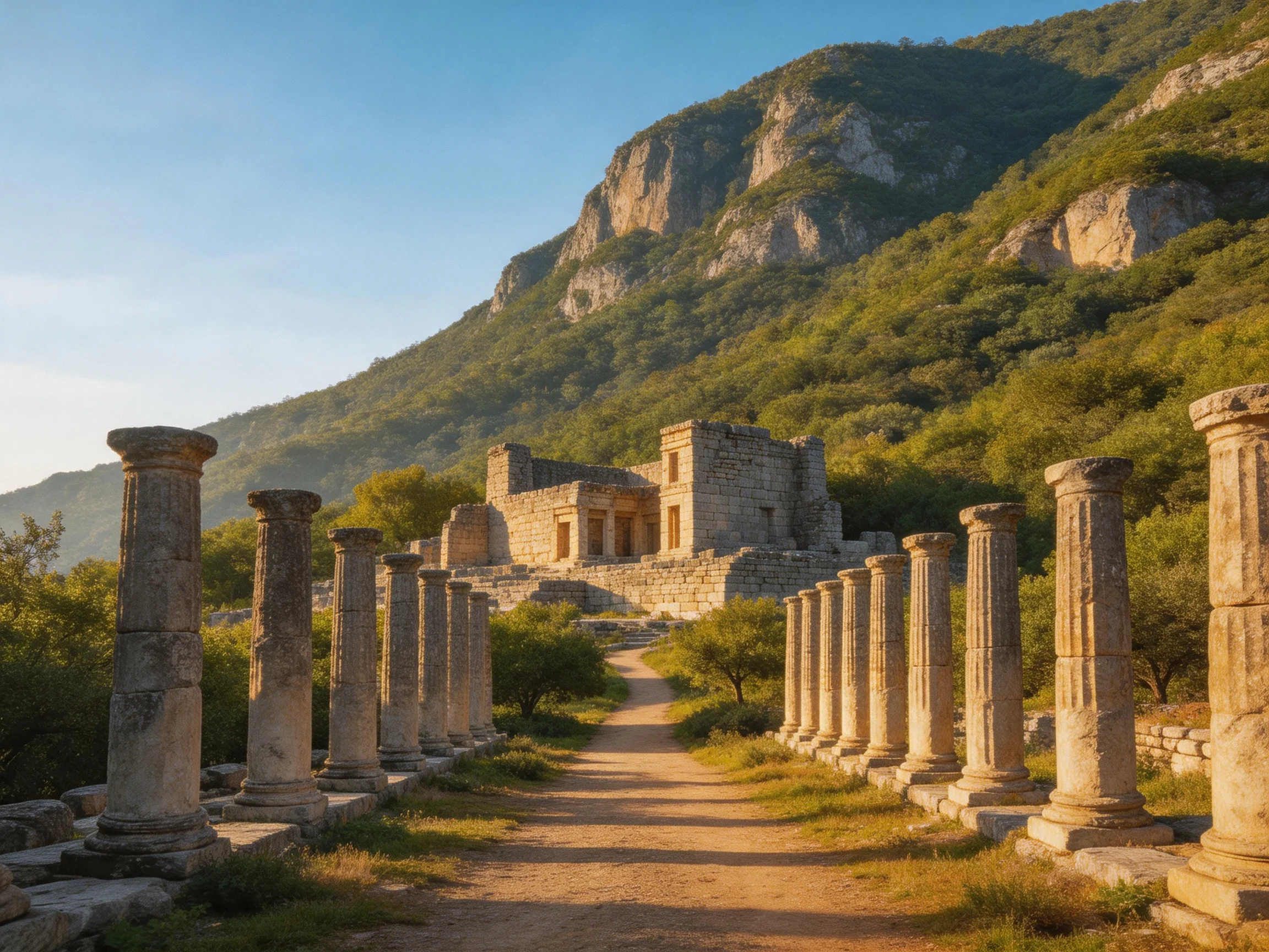 Ancient Ruins With Stone Columns Near Lush Green Mountains