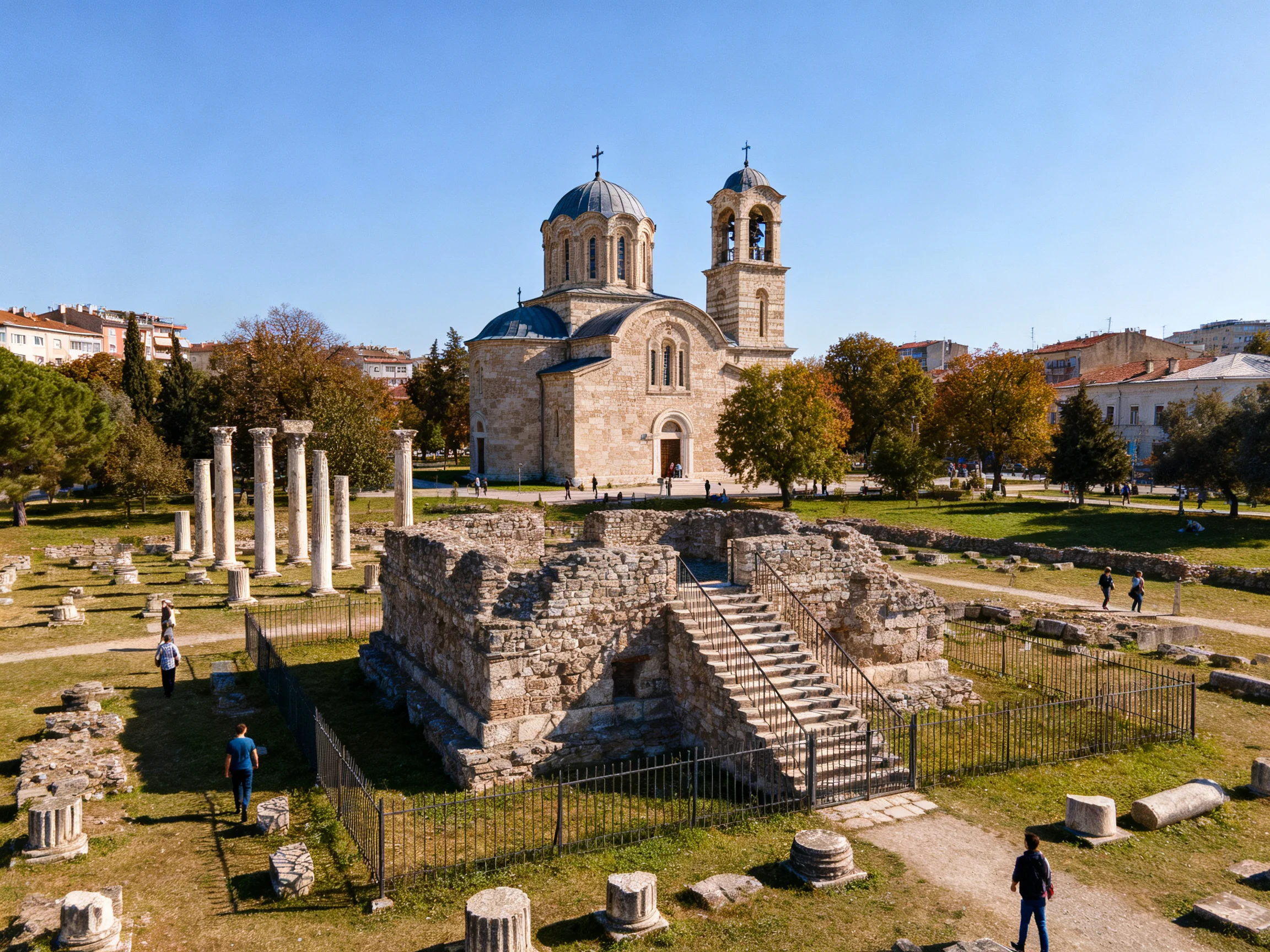 Ancient Ruins and a Stone Church with Twin Domes