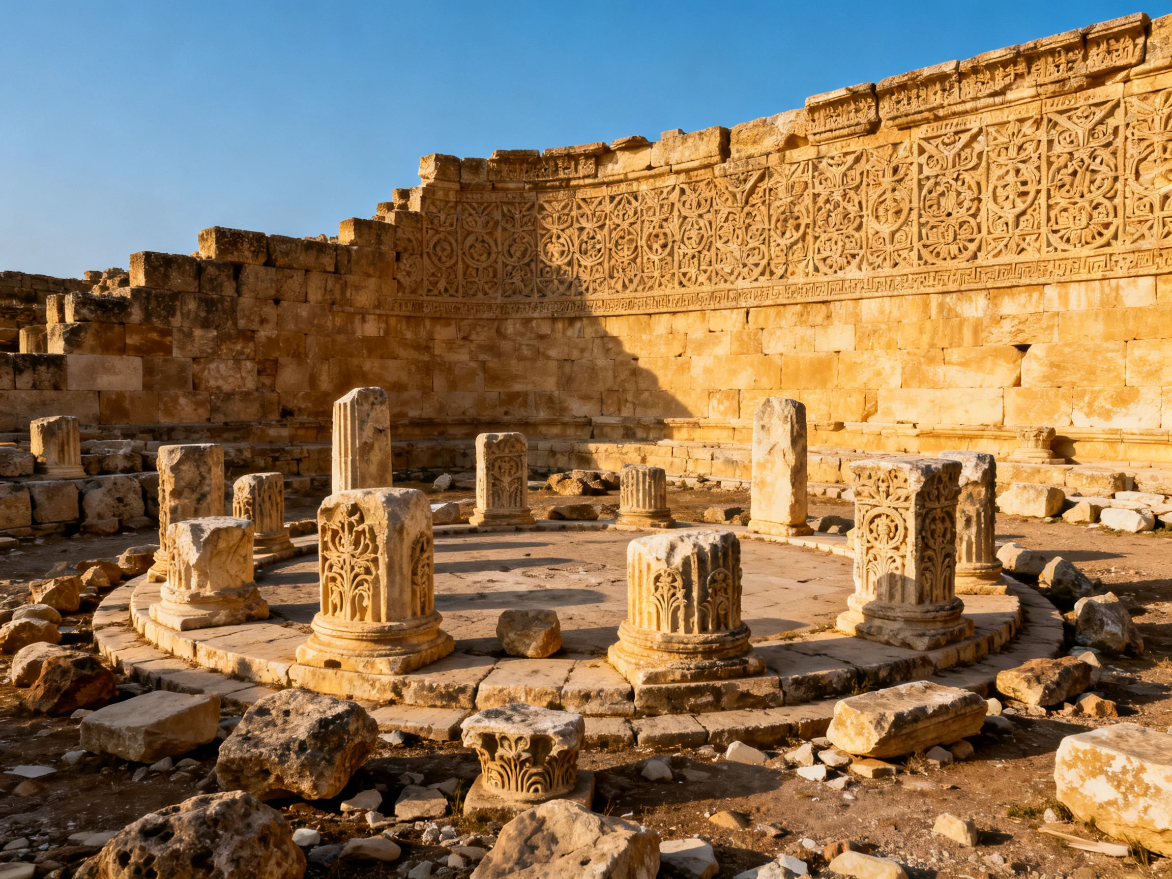 Ancient Ruins with Carved Stone Columns and Ornate Wall