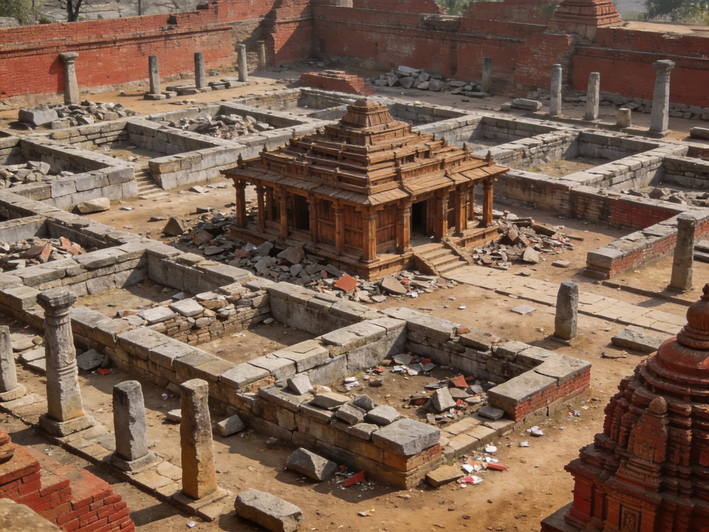 Ancient Ruins with Central Wooden Temple Structure