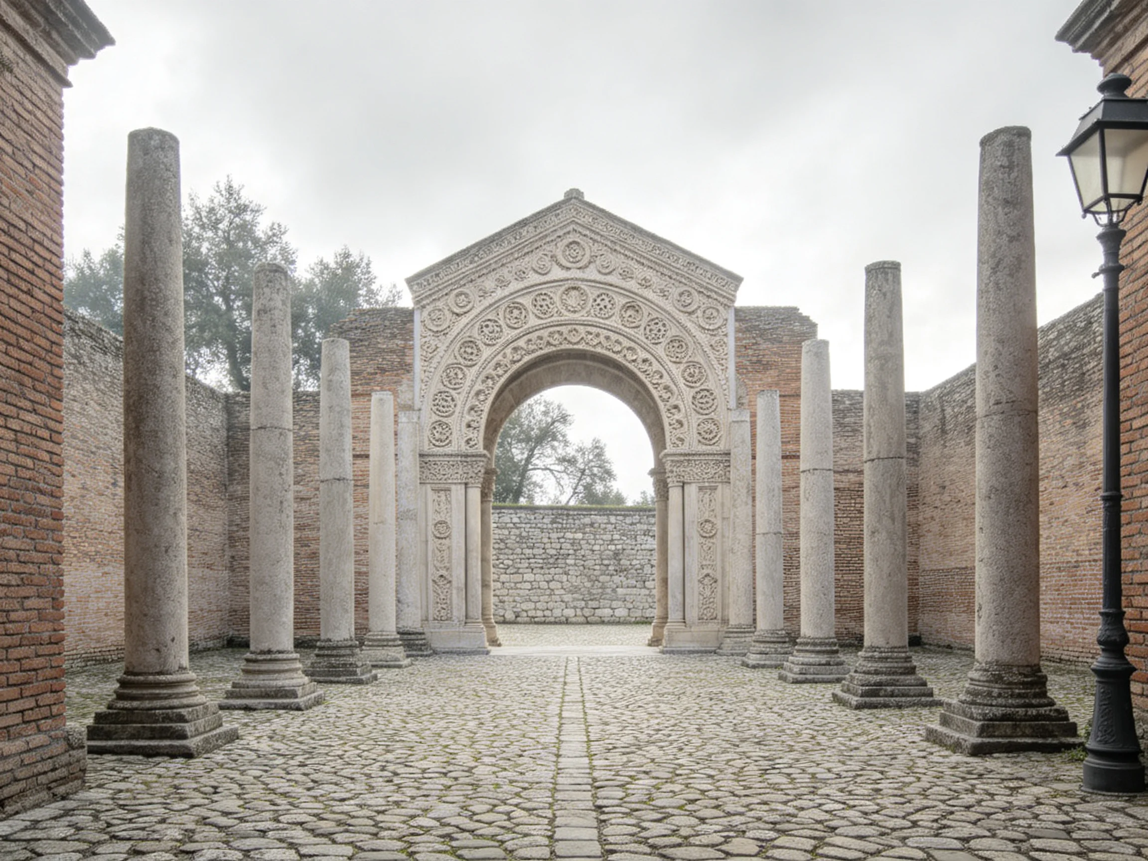 Ancient Ruins with Ornate Archway and Stone Columns