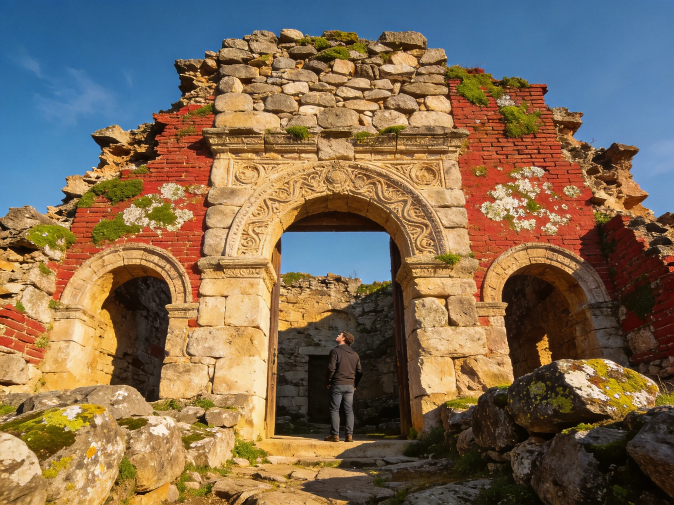 Ancient Ruins with Ornate Stone Archway and Red Brick Sections