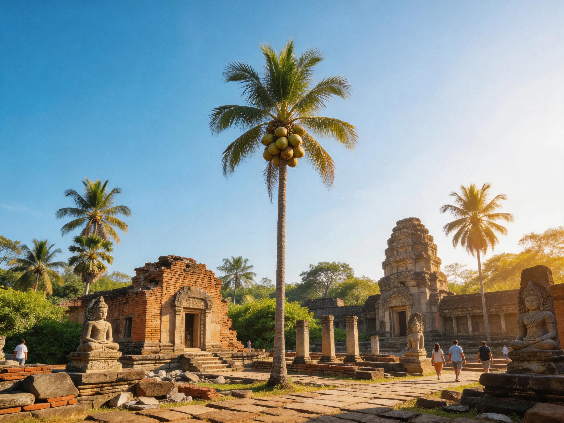 Ancient Ruins with Palm Trees and Stone Statues Under Sunny Skies