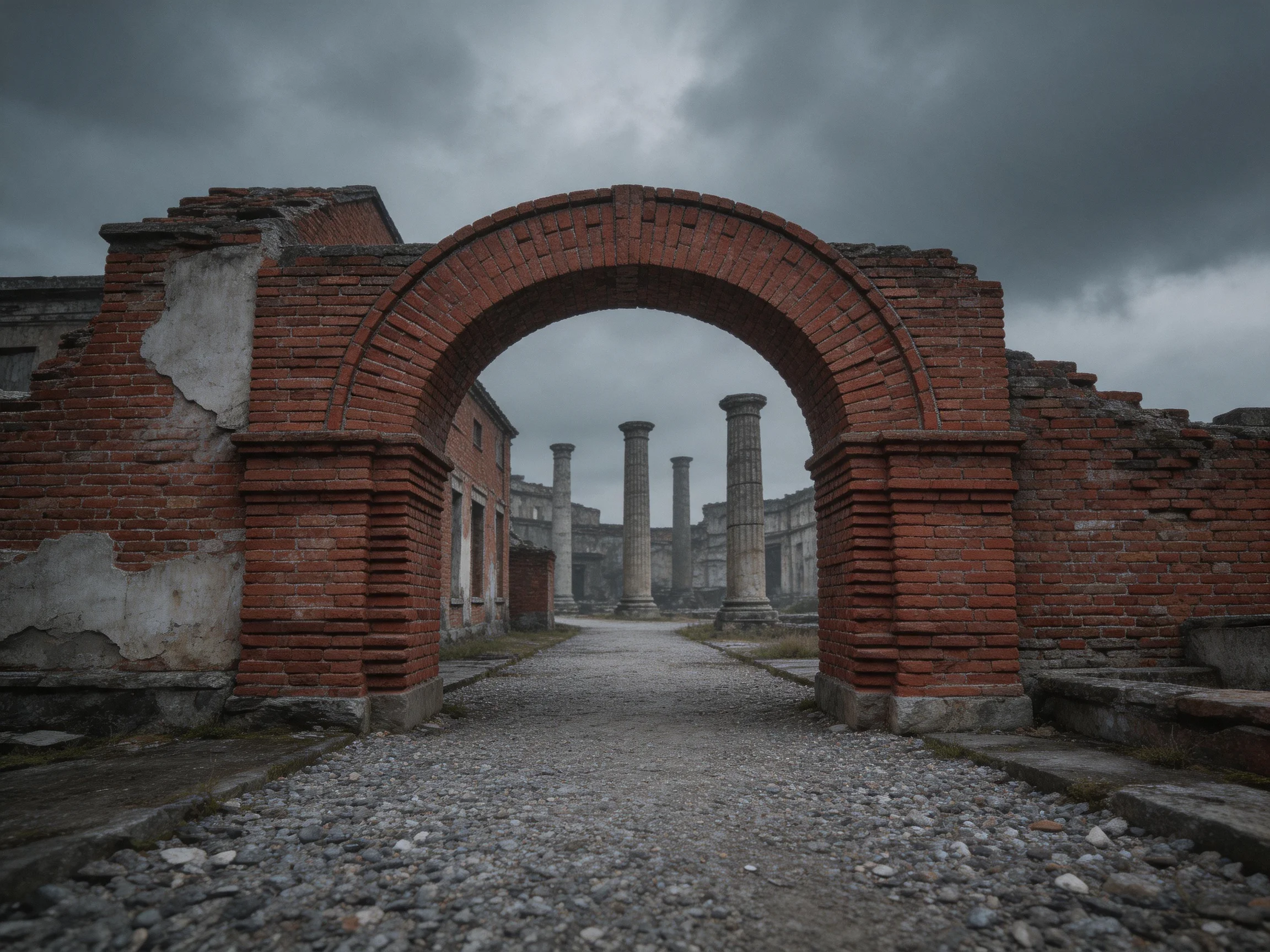 Ancient Ruins with Red Brick Archway and Stone Columns