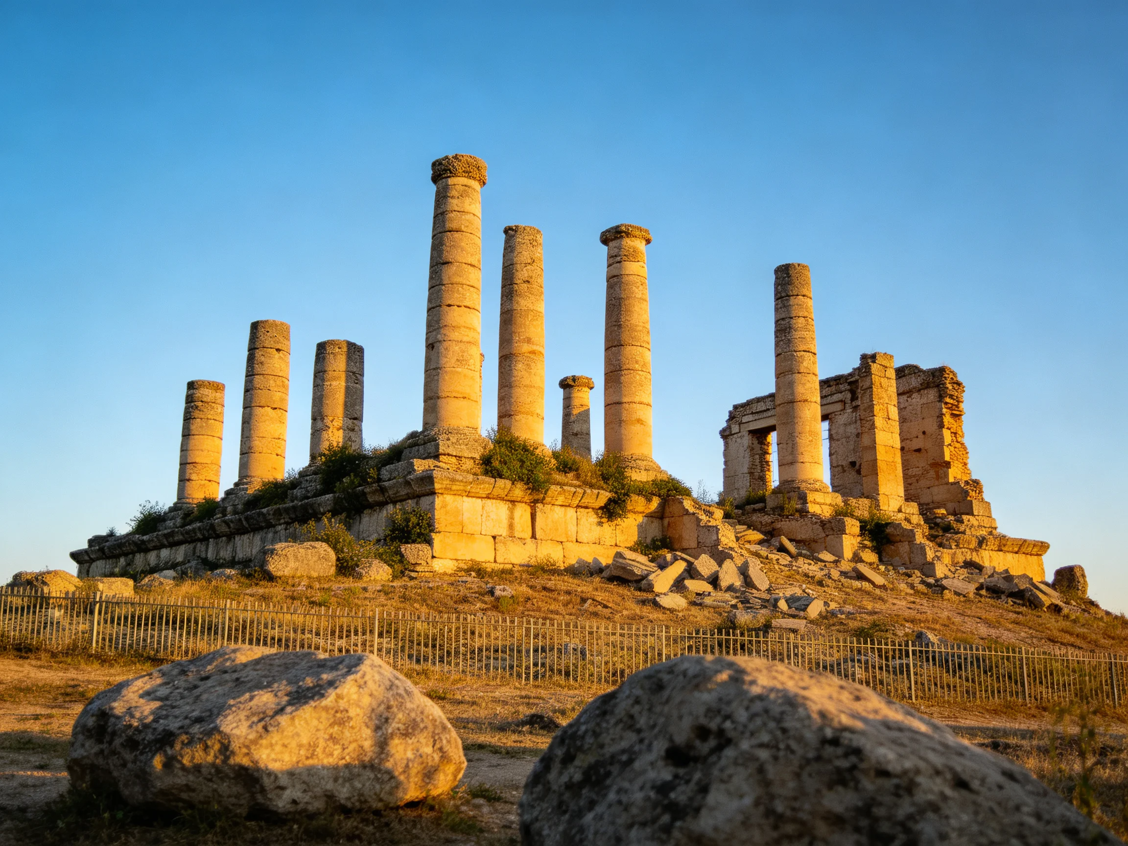 Ancient Ruins with Seven Tall Stone Columns in Golden Hour
