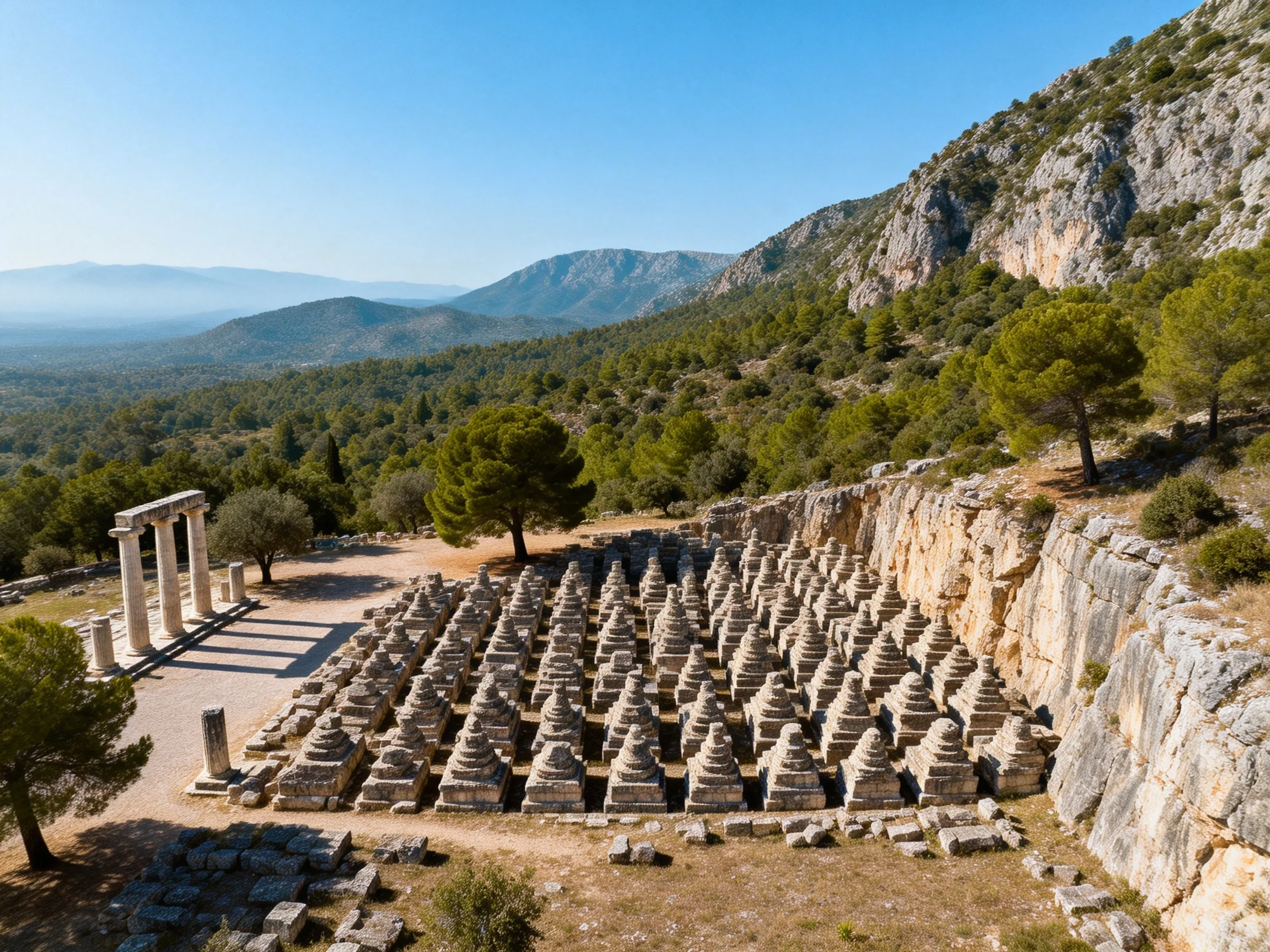 Ancient Ruins with Stone Columns and Mountainous Landscape