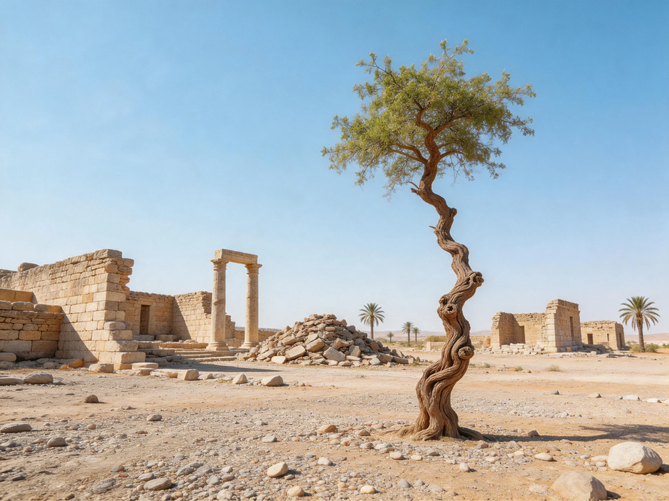 Ancient Ruins with a Twisted Tree in a Desert Landscape
