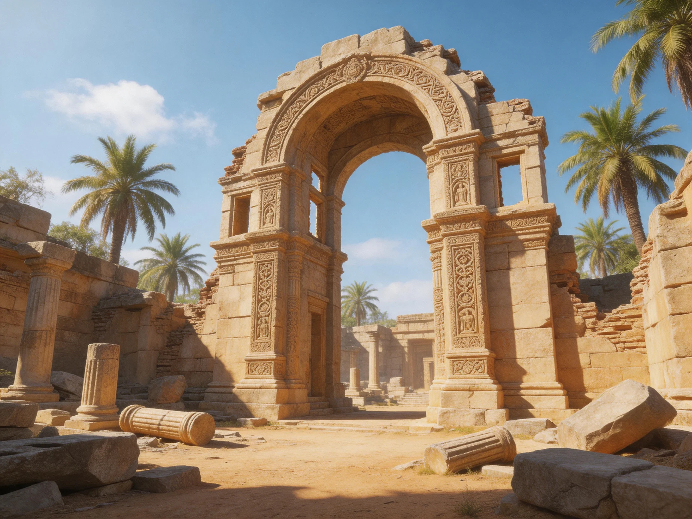Ancient Sandstone Arch Ruins Among Palm Trees