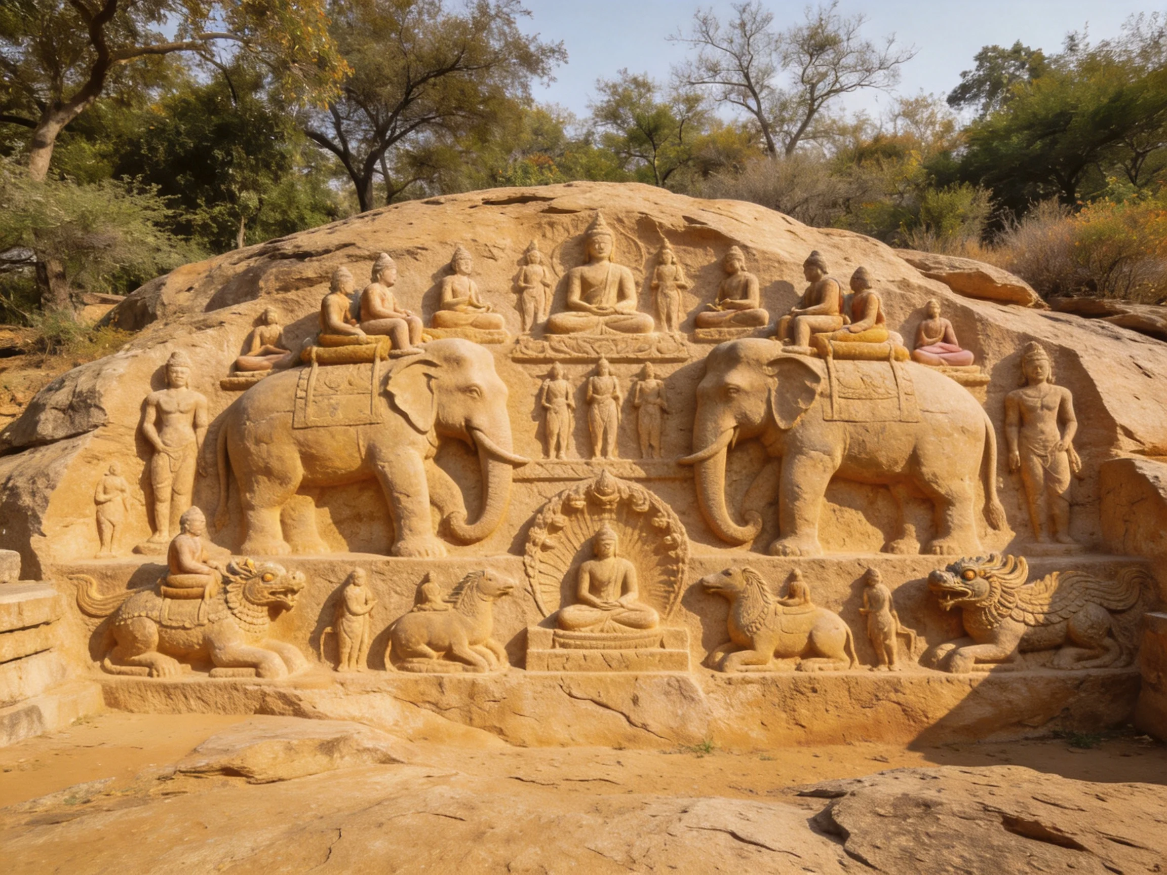 Ancient Sandstone Carvings of Elephants and Deities