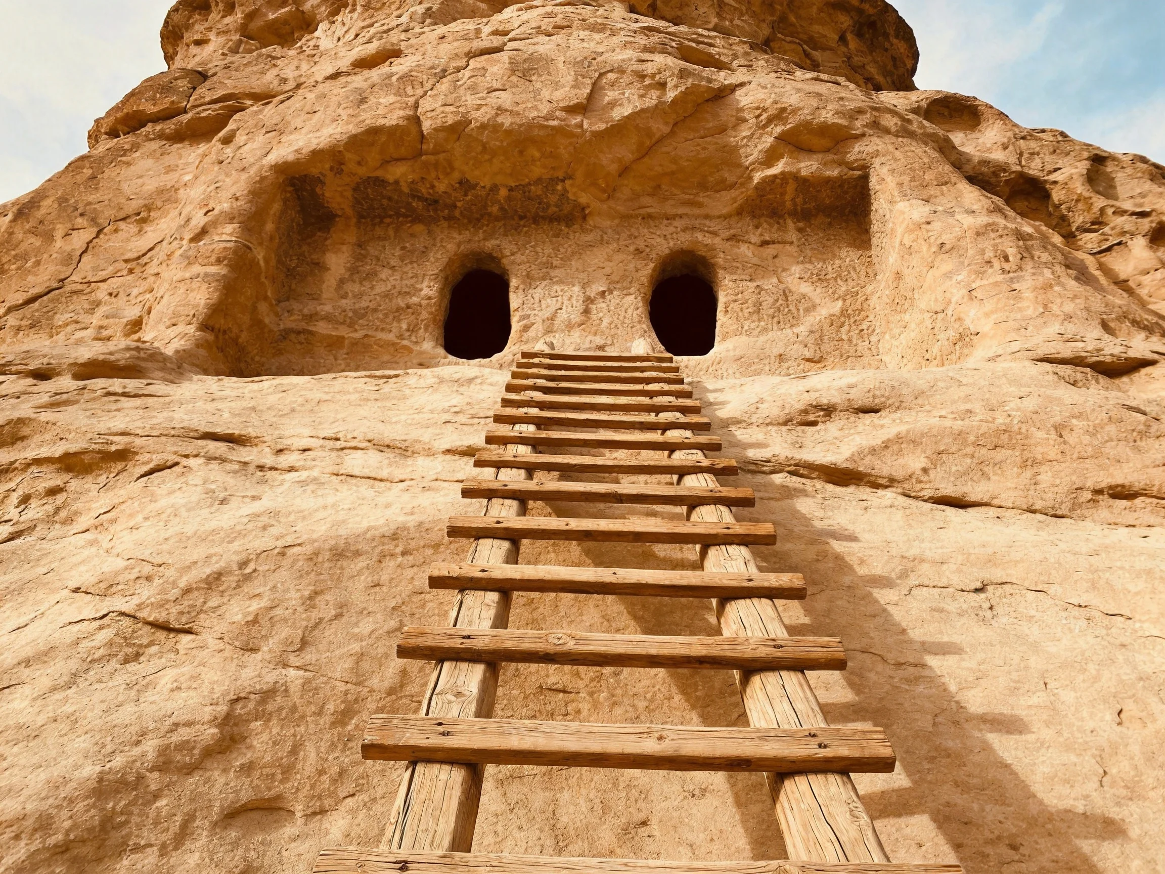 Ancient Sandstone Cliff with Wooden Ladder and Two Caves