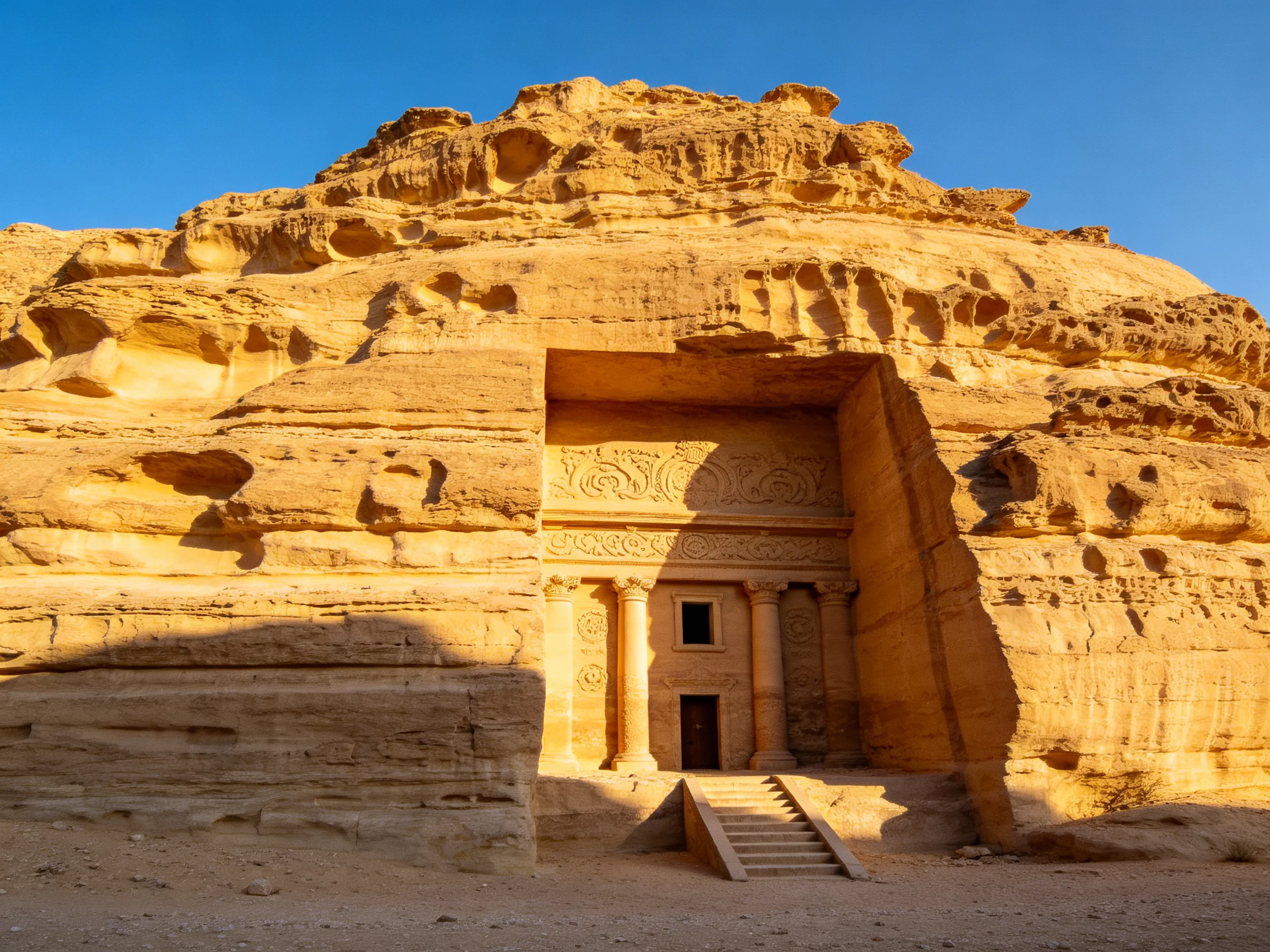 Ancient Sandstone Temple Carved Into a Large Rocky Cliff Formation