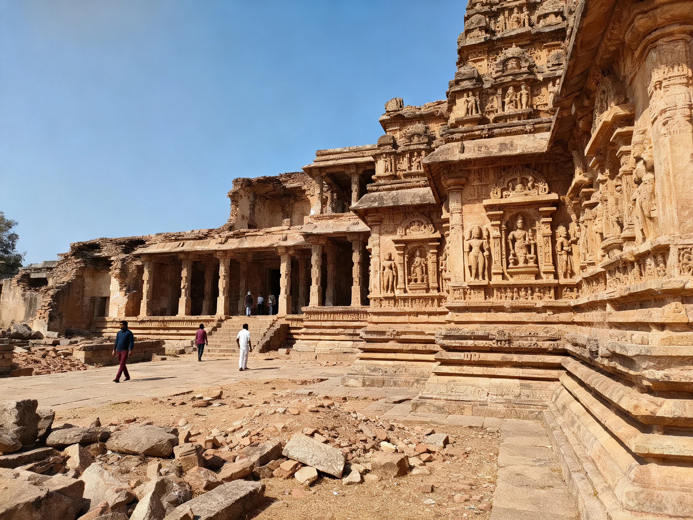Ancient Sandstone Temple Ruins with Elaborate Carvings and Visitors