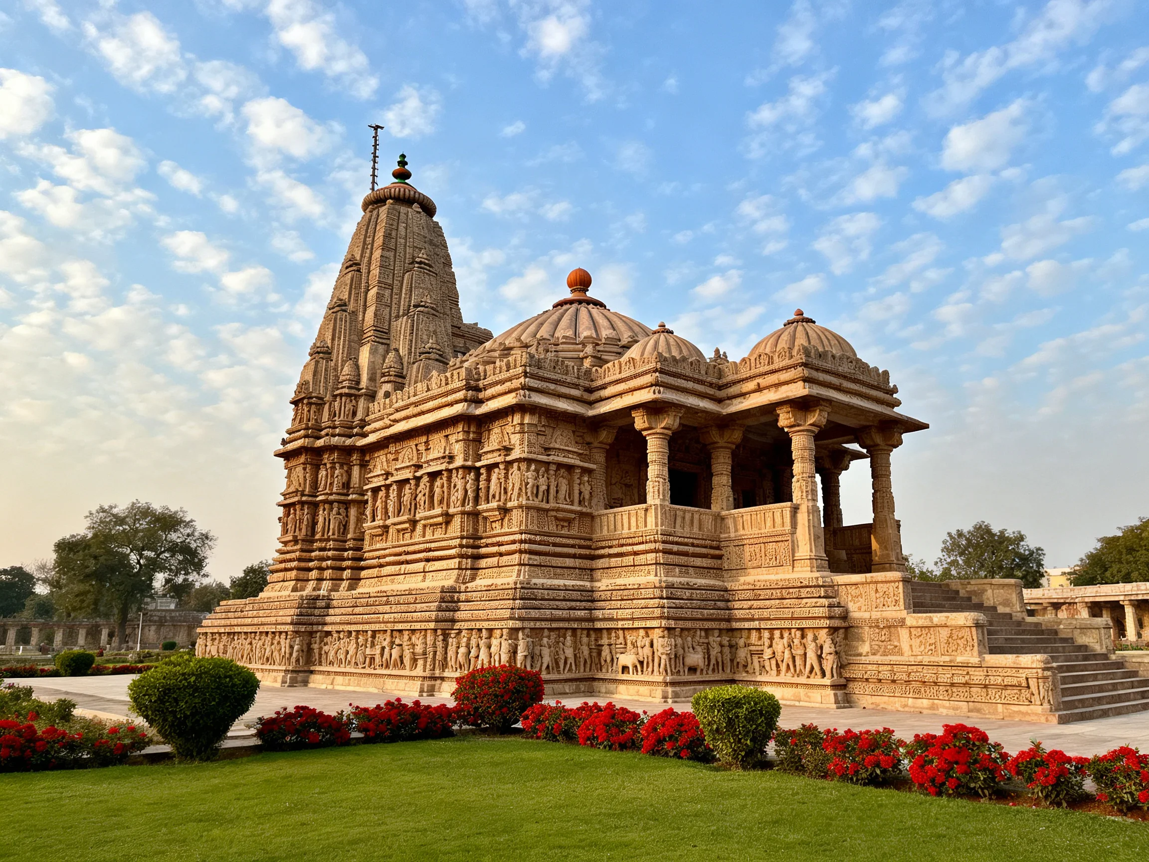 Ancient Sandstone Temple with Red Flowers and Green Lawn
