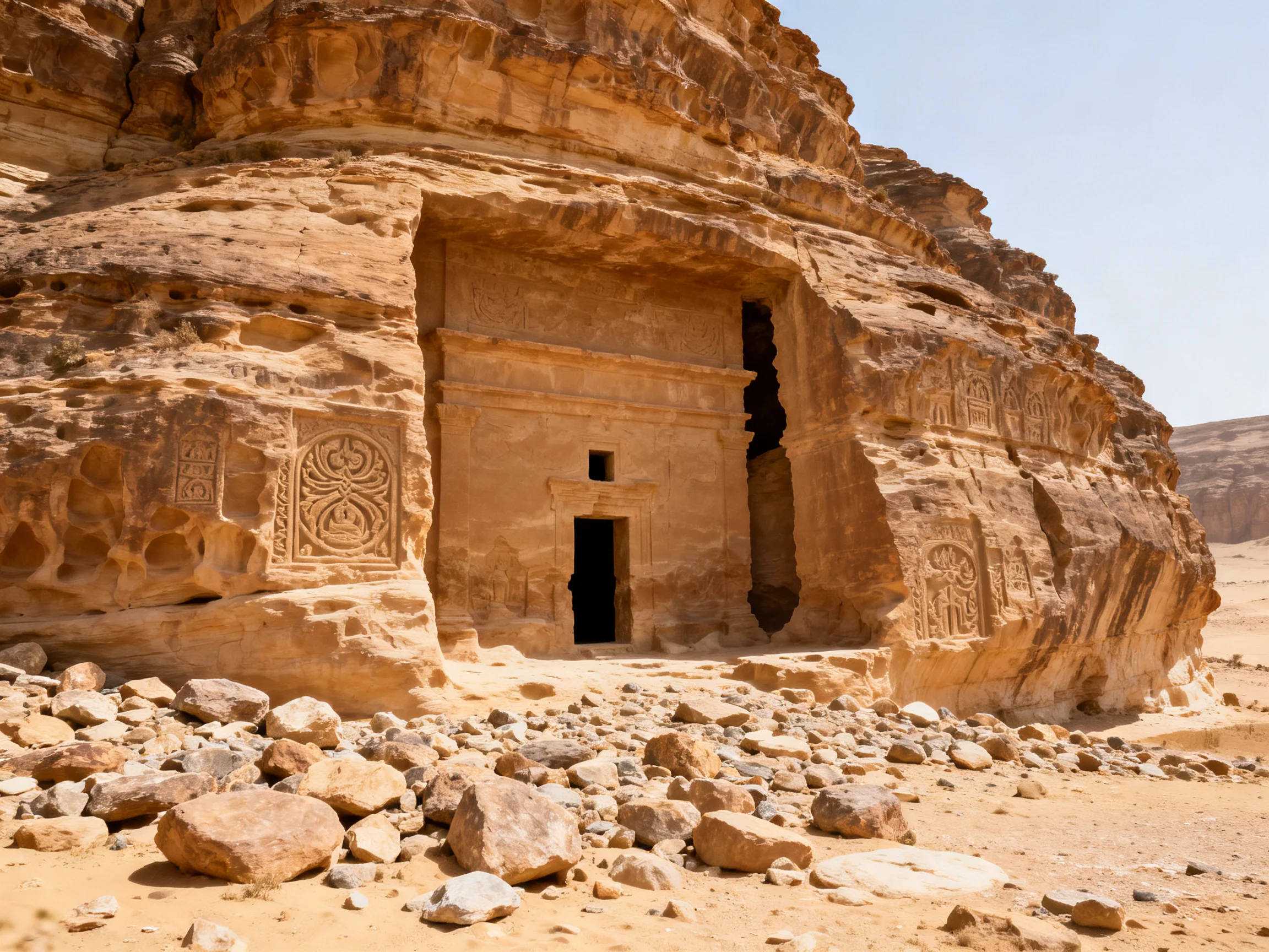 Ancient Sandstone Tomb Carved Into Arid Rocky Cliffside