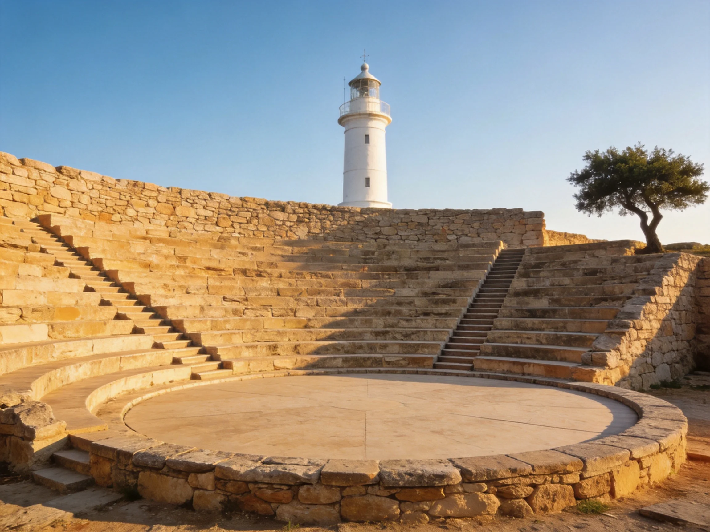 Ancient Stone Amphitheater with White Lighthouse in Clear Sky