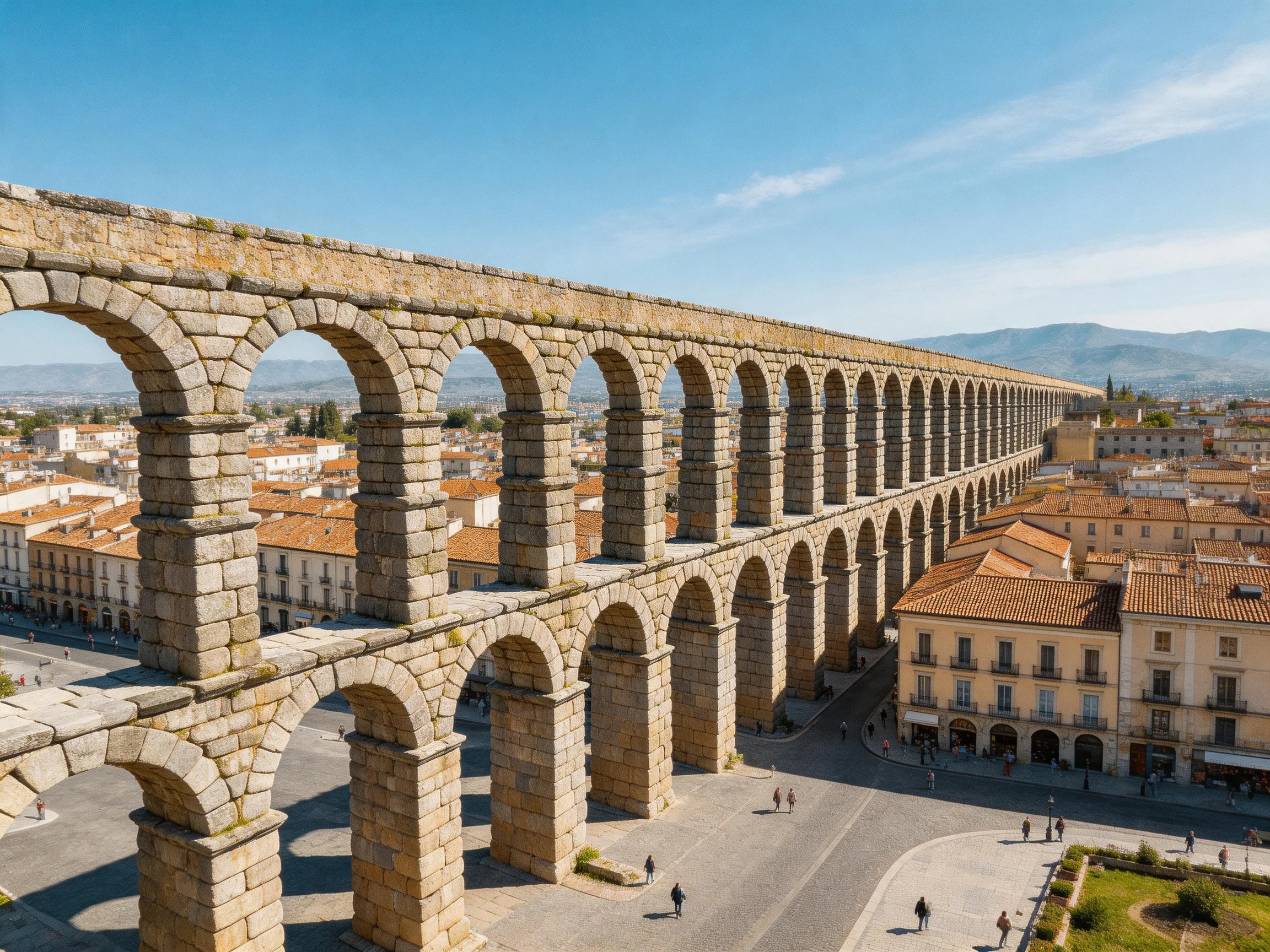 Ancient Stone Aqueduct Overlooking Historic Town with Terracotta Roofs