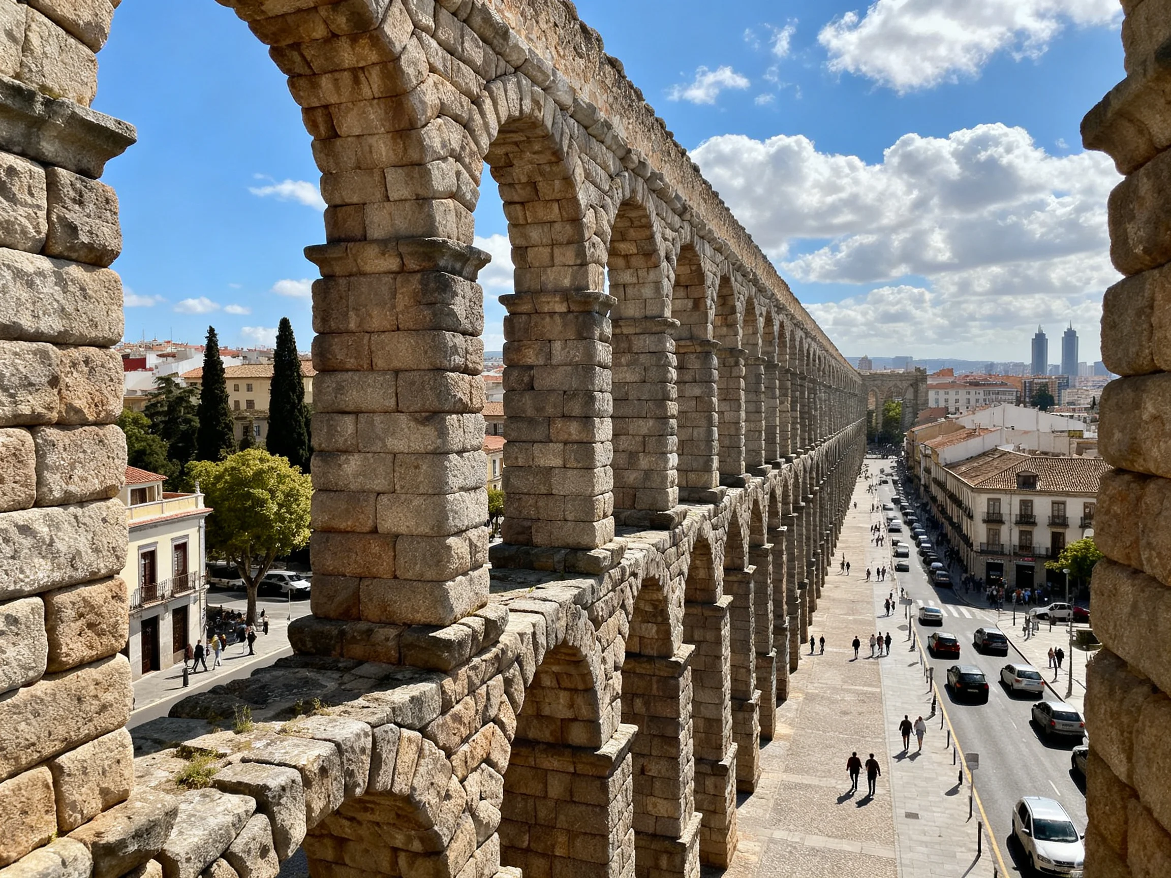Ancient Stone Aqueduct with Arched Structure Over Modern City Street