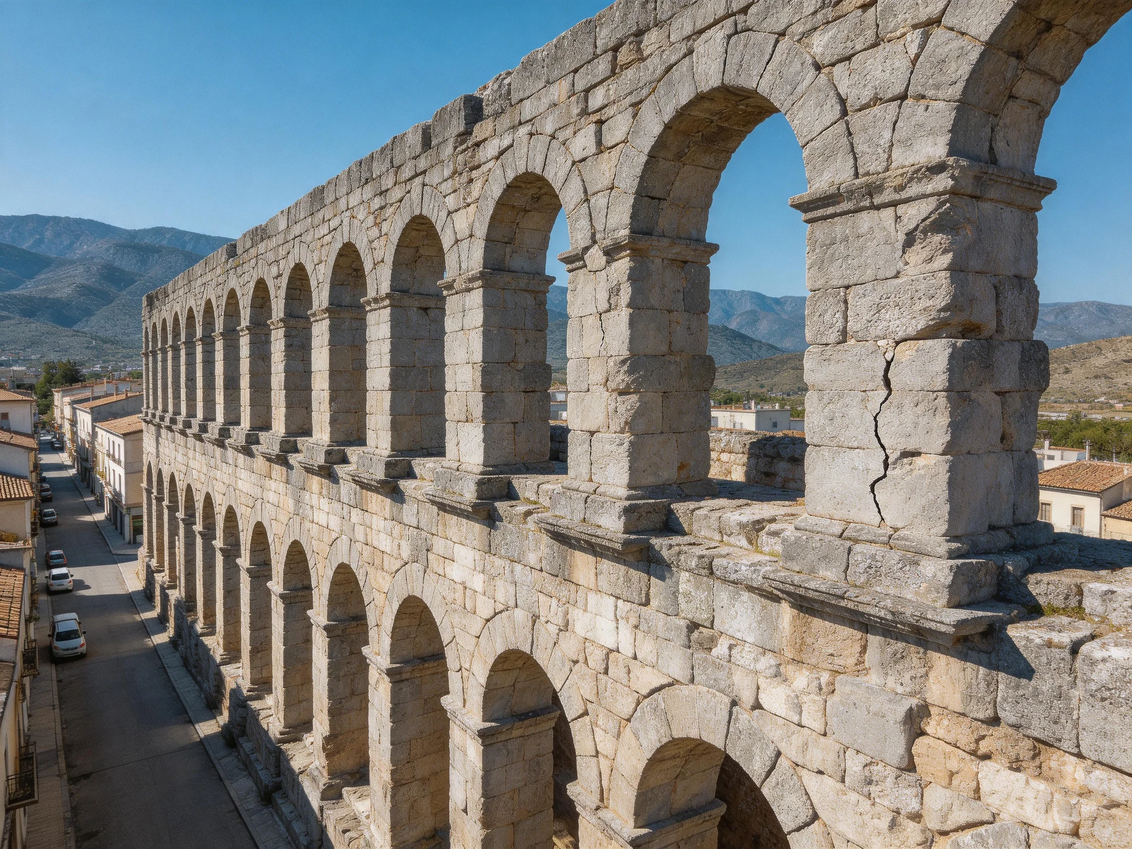 Ancient Stone Aqueduct with Double Row Arches Under Clear Blue Sky