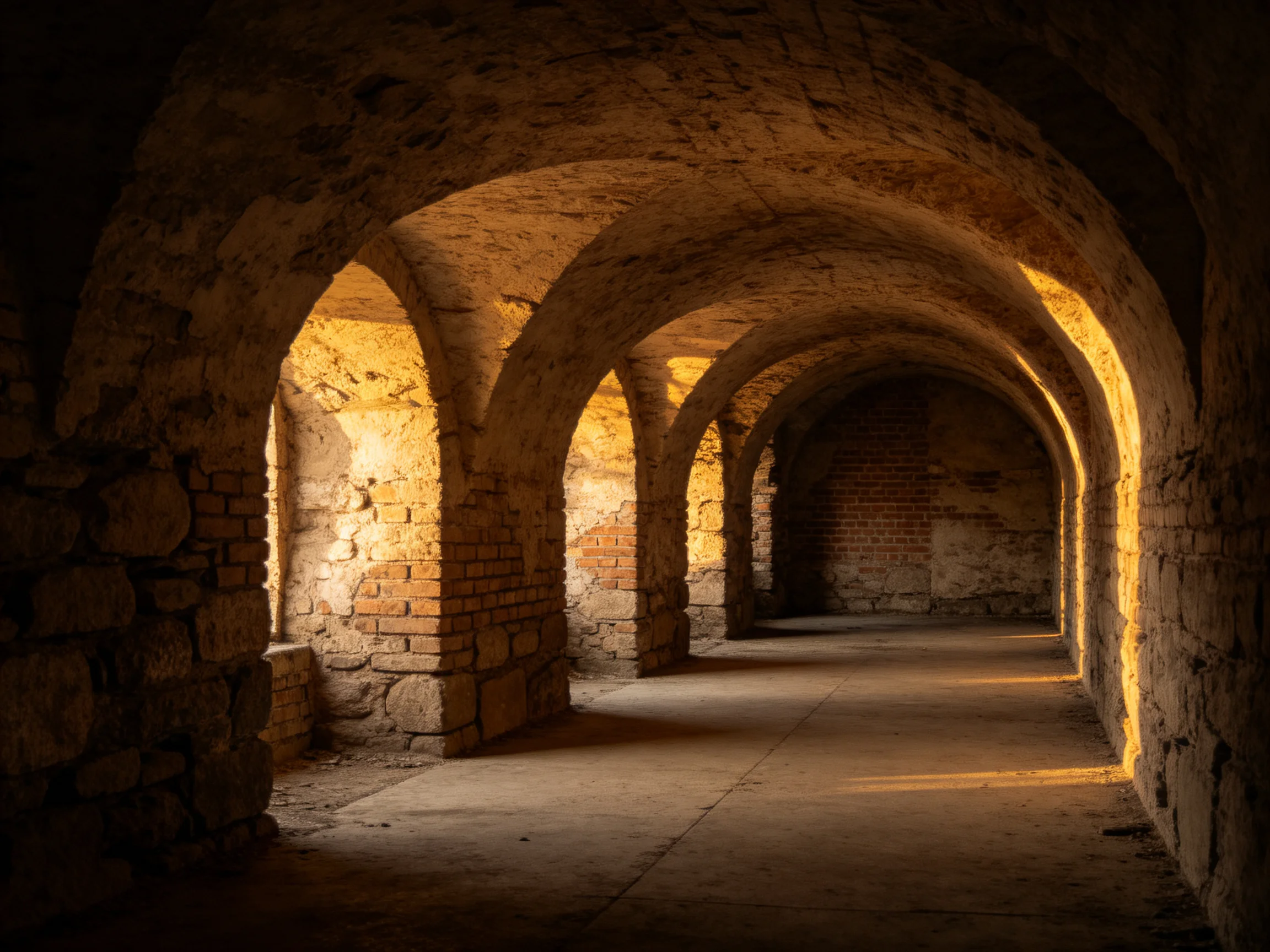 Ancient Stone Arch Corridor with Warm Light Streaming Through Arches
