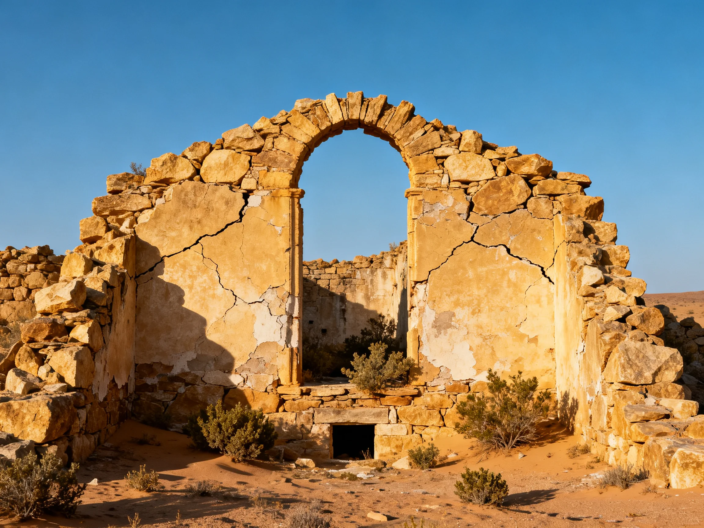 Ancient Stone Arch Ruin in Arid Desert Landscape