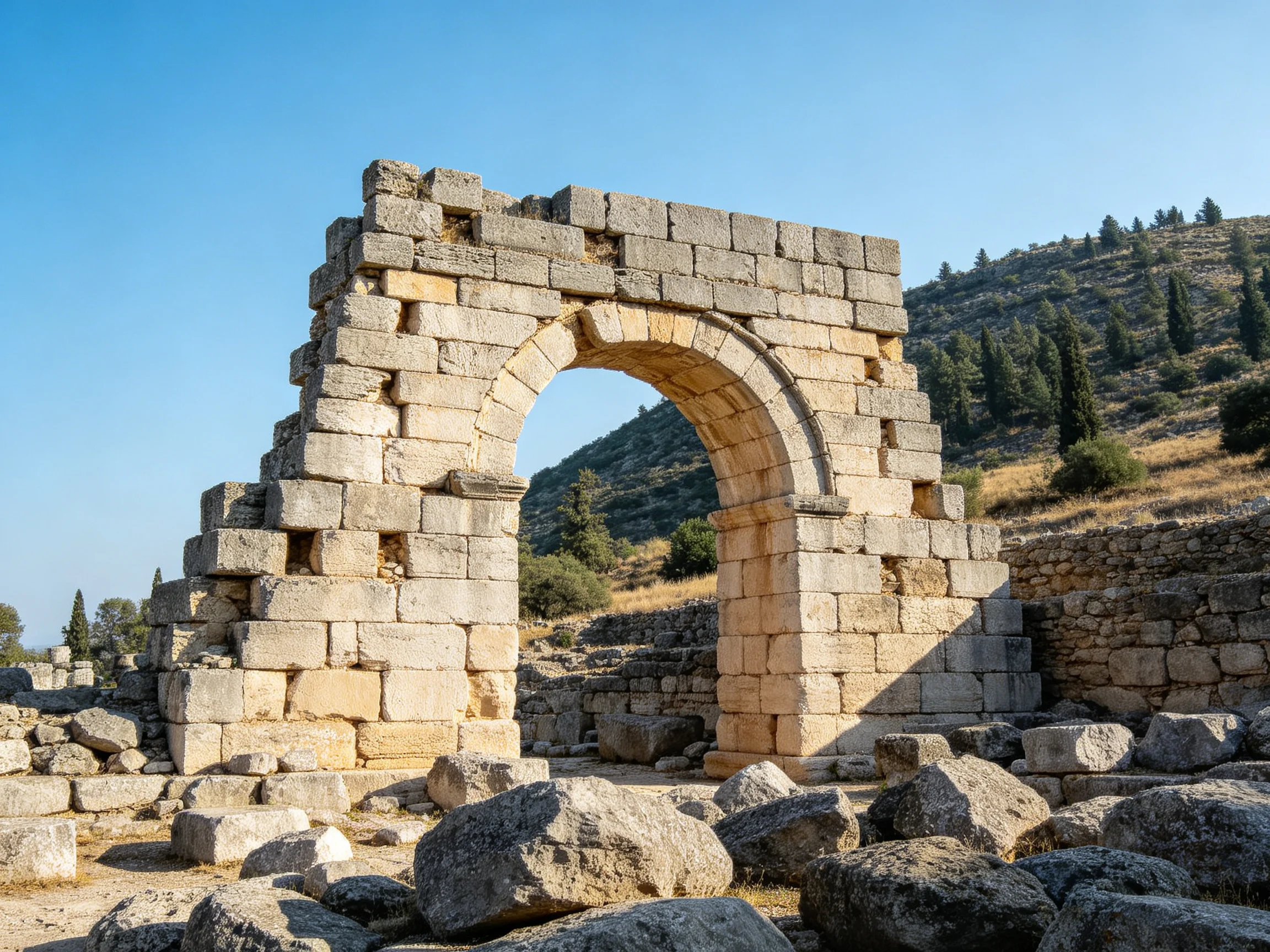 Ancient Stone Arch Ruins with Blue Sky and Hillside Trees
