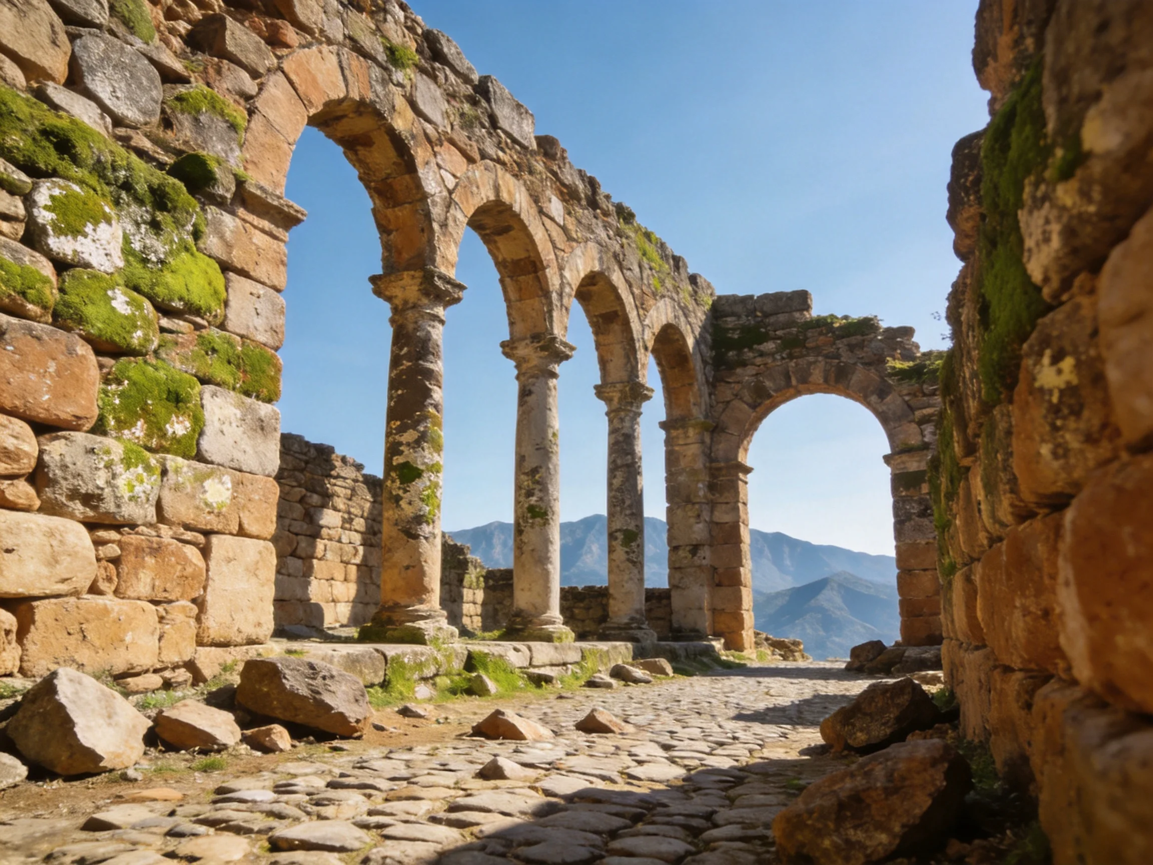 Ancient Stone Arch Ruins with Moss-Covered Walls and Mountain View