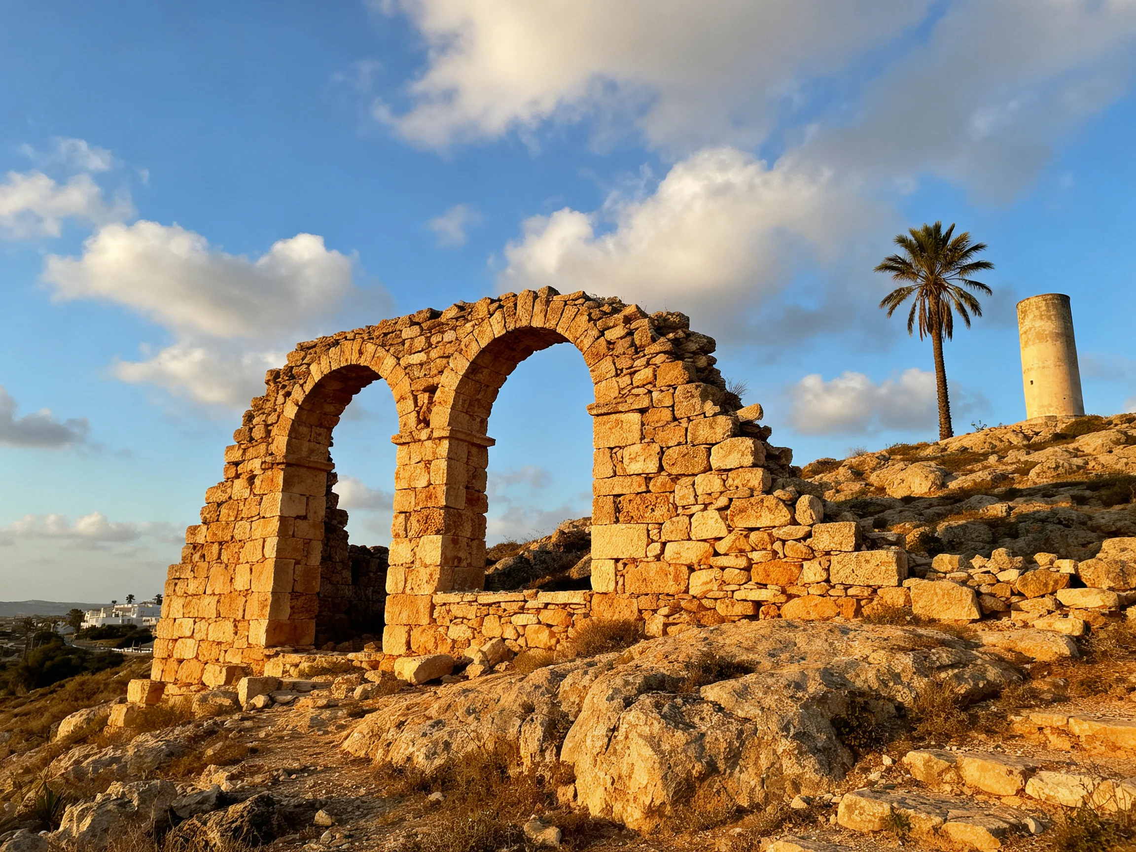 Ancient Stone Arch Ruins with Palm Tree Under Blue Sky
