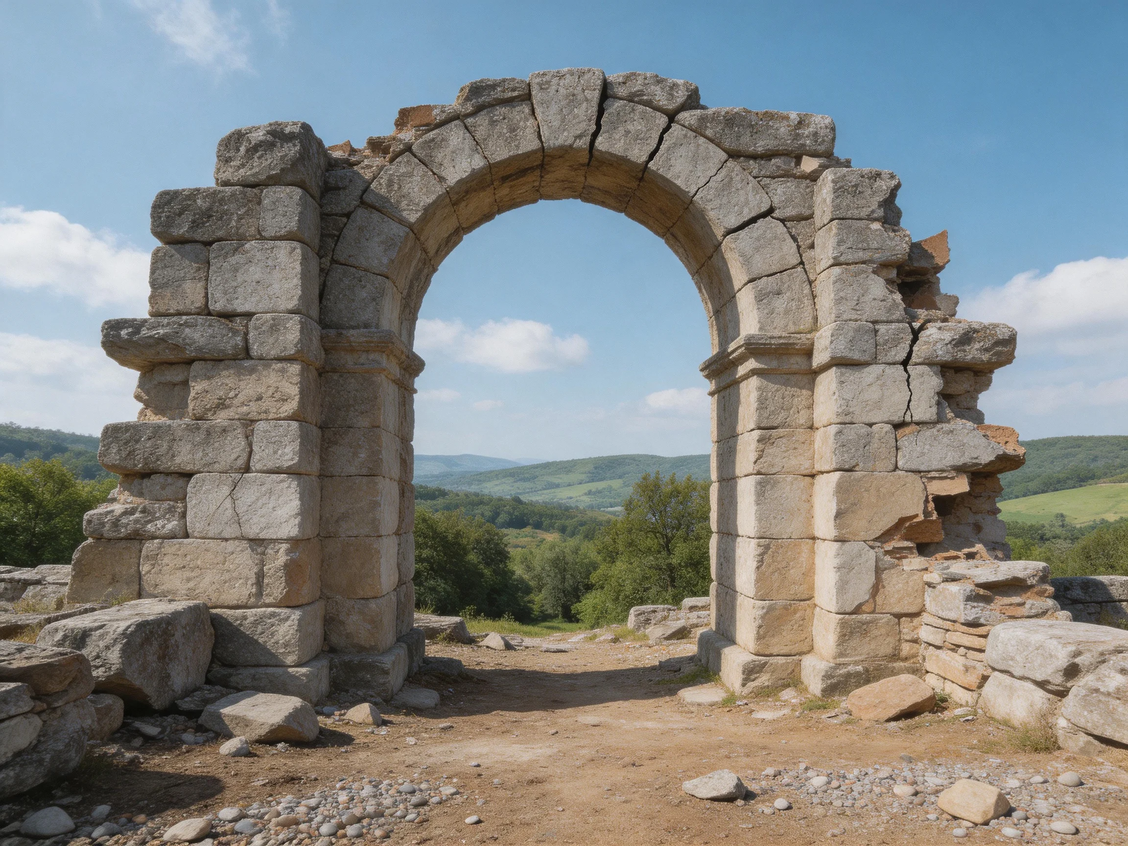 Ancient Stone Arch Ruins with Rolling Green Hills