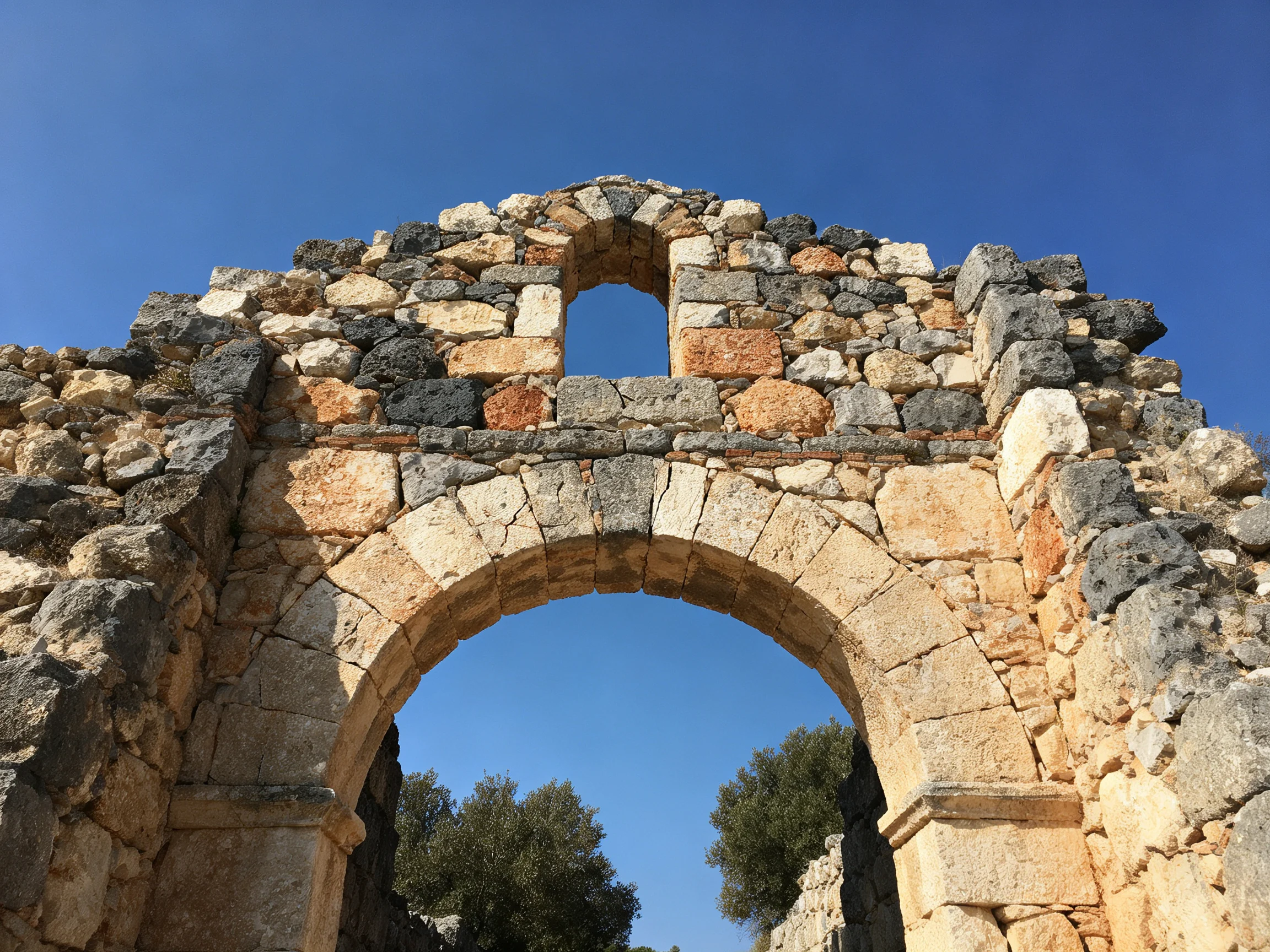 Ancient Stone Arch Ruins with Weathered Stones and Clear Blue Sky
