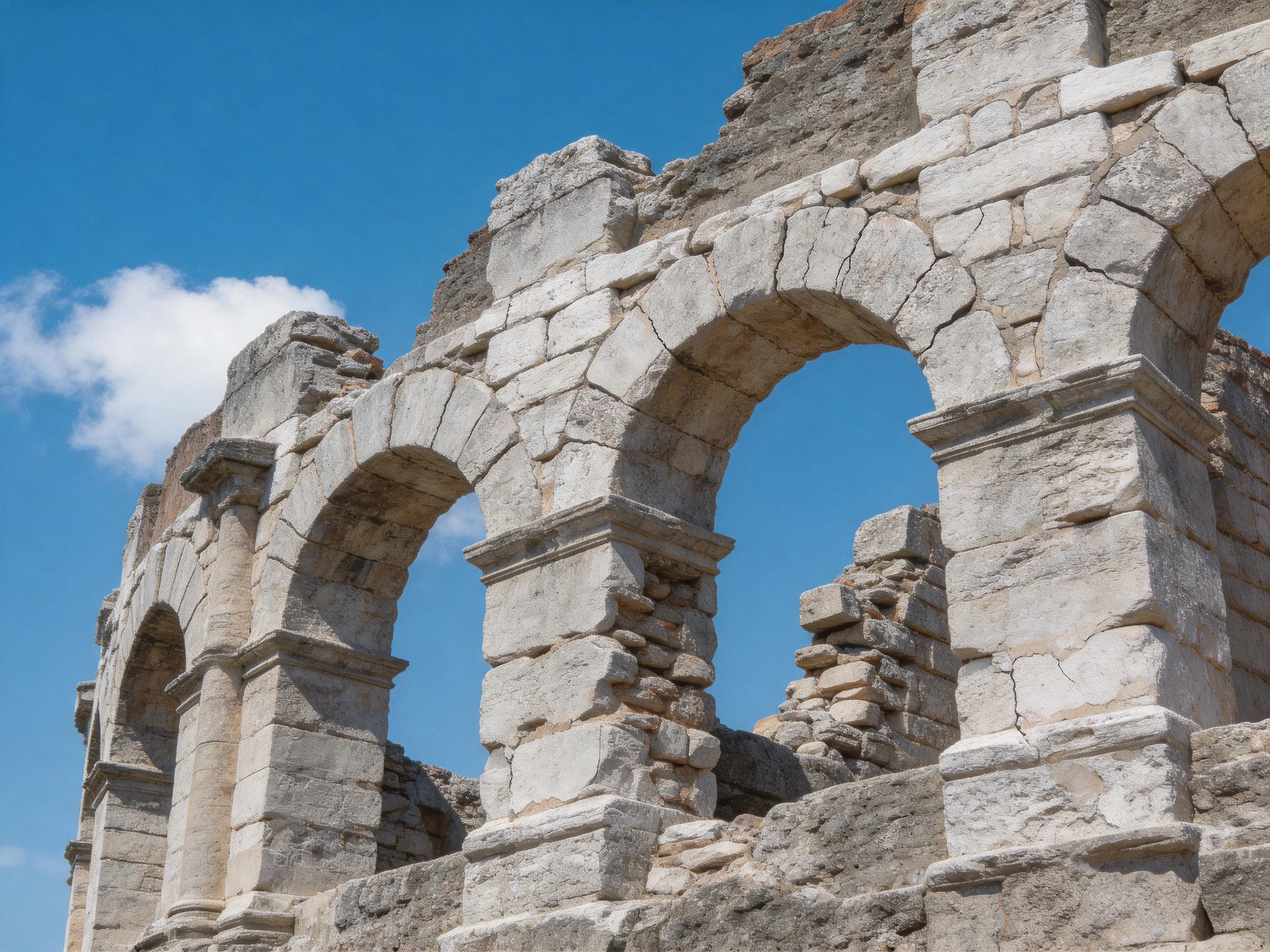 Ancient Stone Arch Ruins with Weathered Textures Under Bright Blue Sky