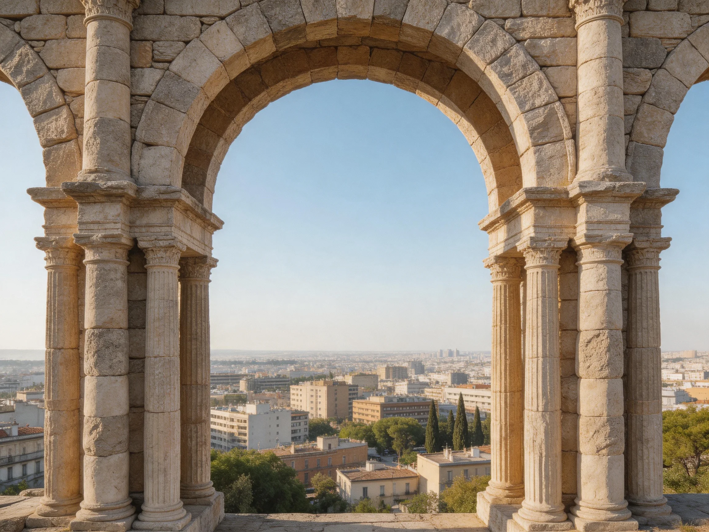 Ancient Stone Archway Overlooking Modern Cityscape