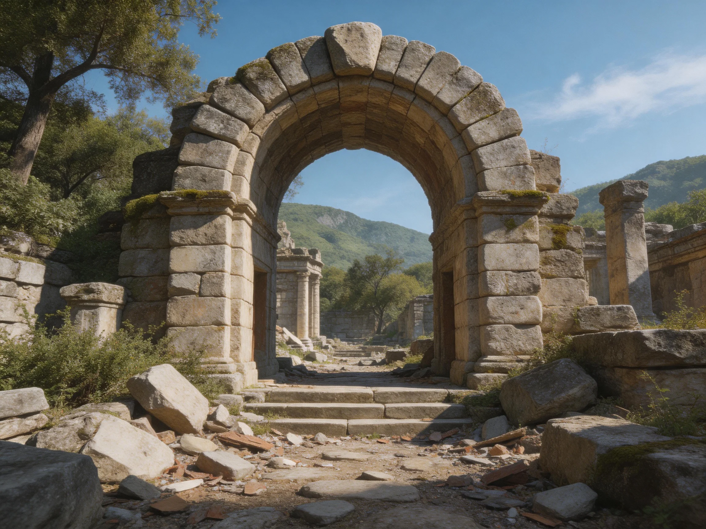Ancient Stone Archway Surrounded by Ruins and Greenery