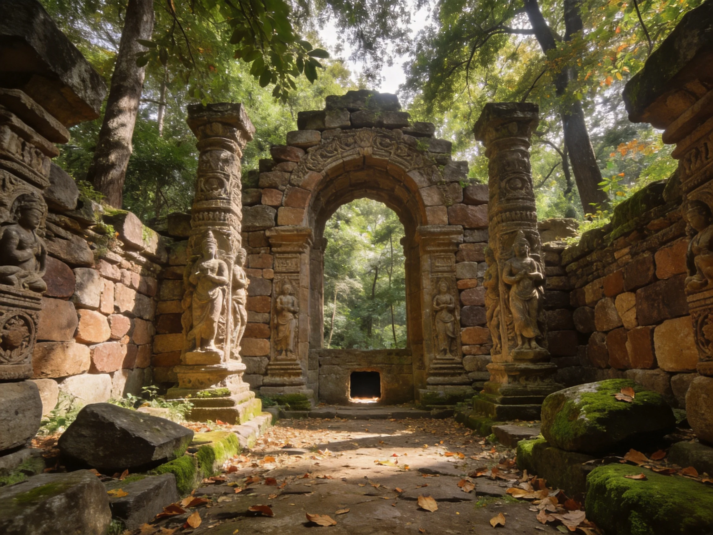 Ancient Stone Archway with Carved Columns in Moss-Covered Ruins