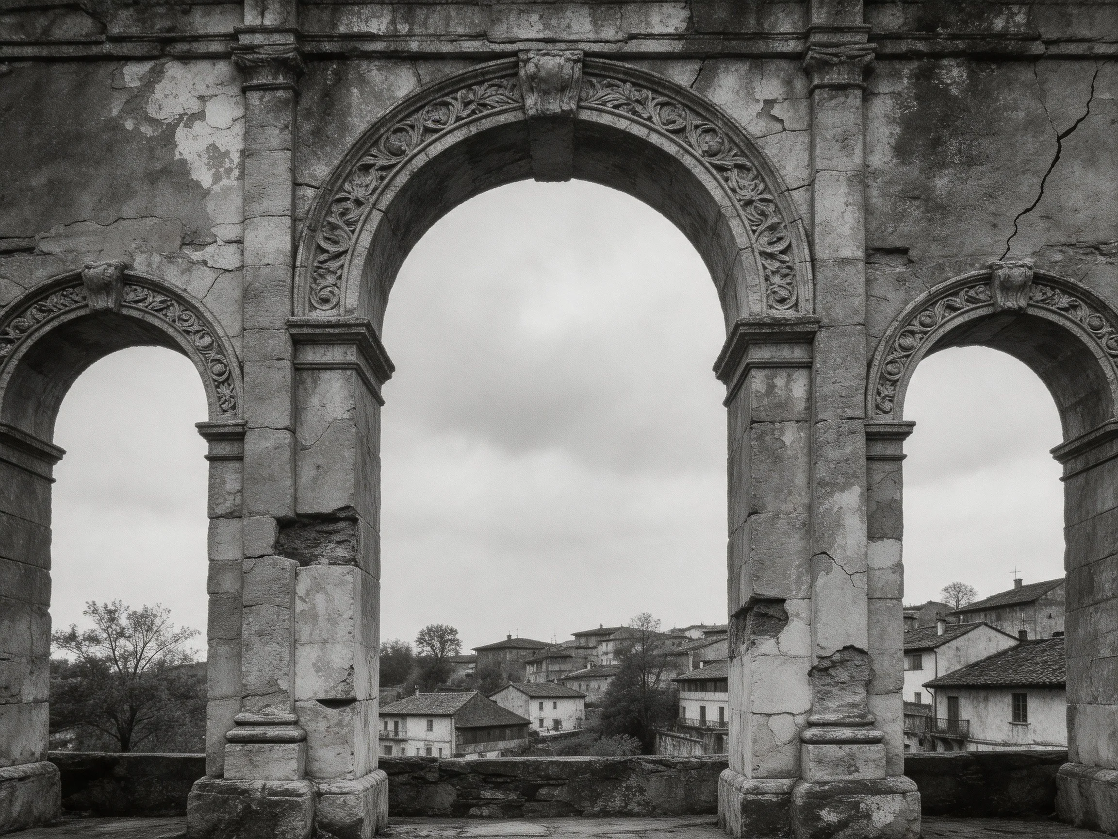 Ancient Stone Archway with Historic Ruins and Village Below