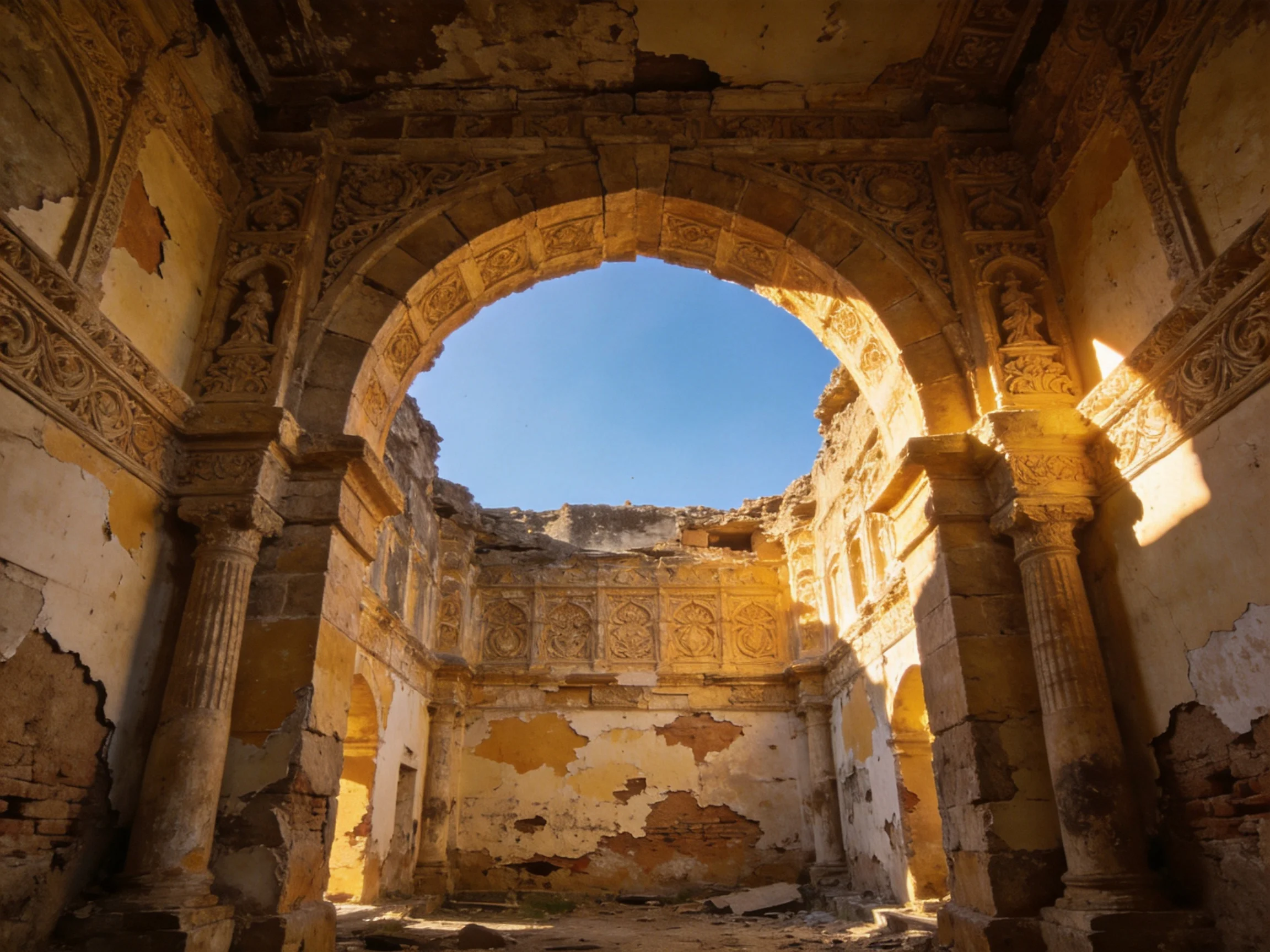 Ancient Stone Archway with Weathered Walls and Bright Blue Sky