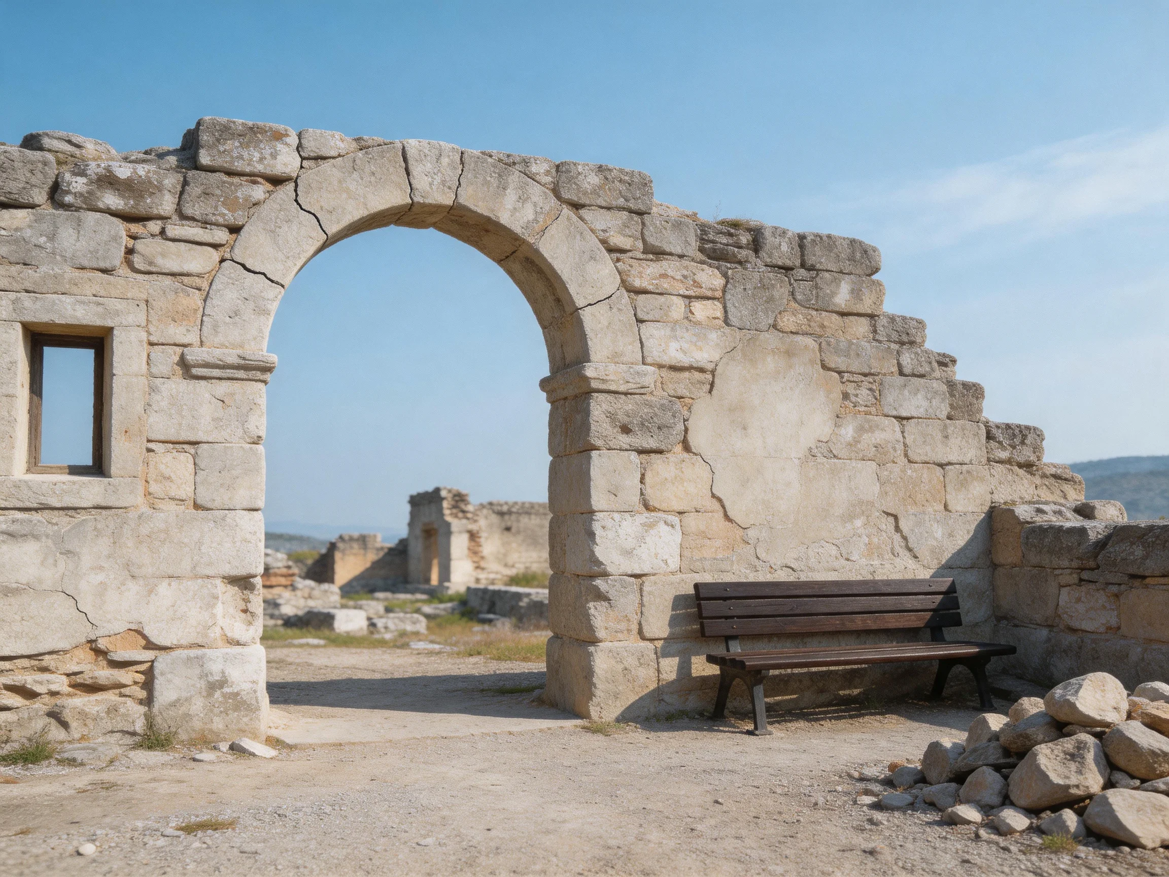 Ancient Stone Archway with Wooden Bench Under Clear Blue Sky