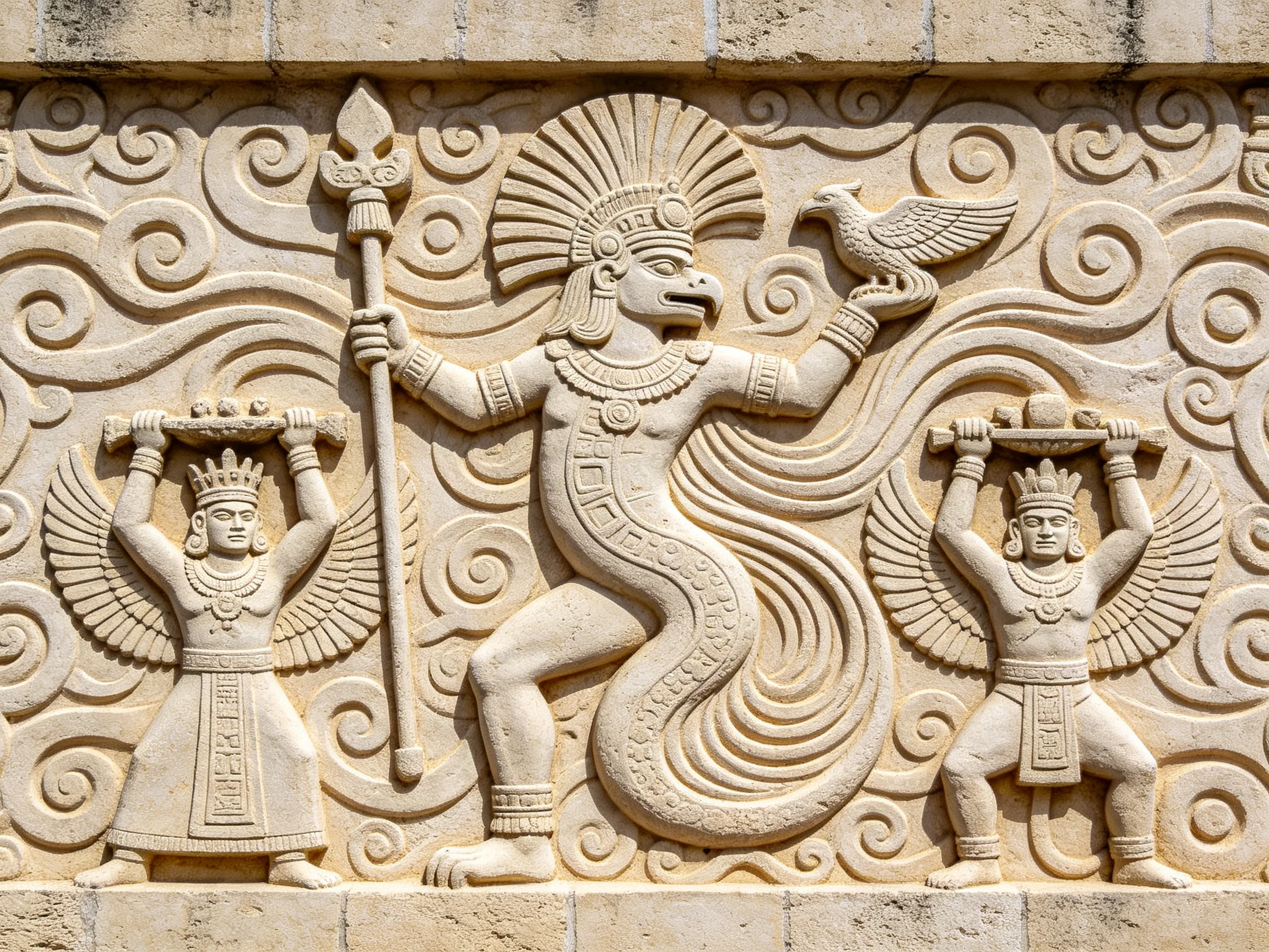 Ancient Stone Carving of Mythical Deity with Winged Figures